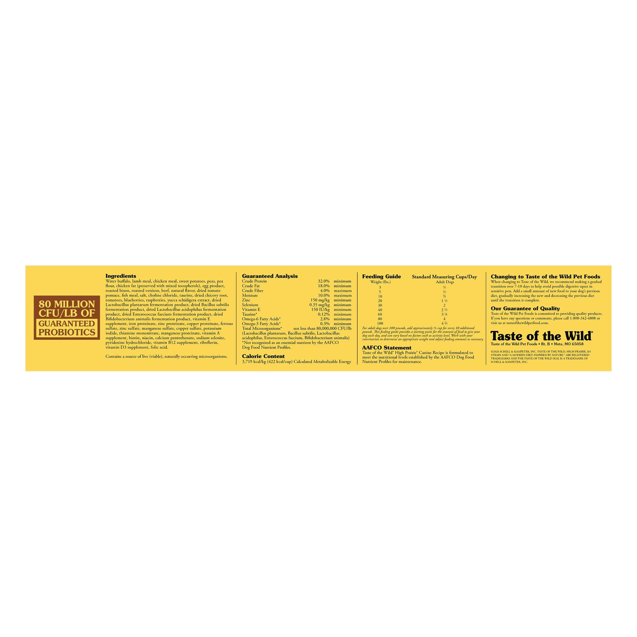 Side panel of the bag with ingredients, guaranteed analysis, feeding guide, calorie content and AAFCO statement