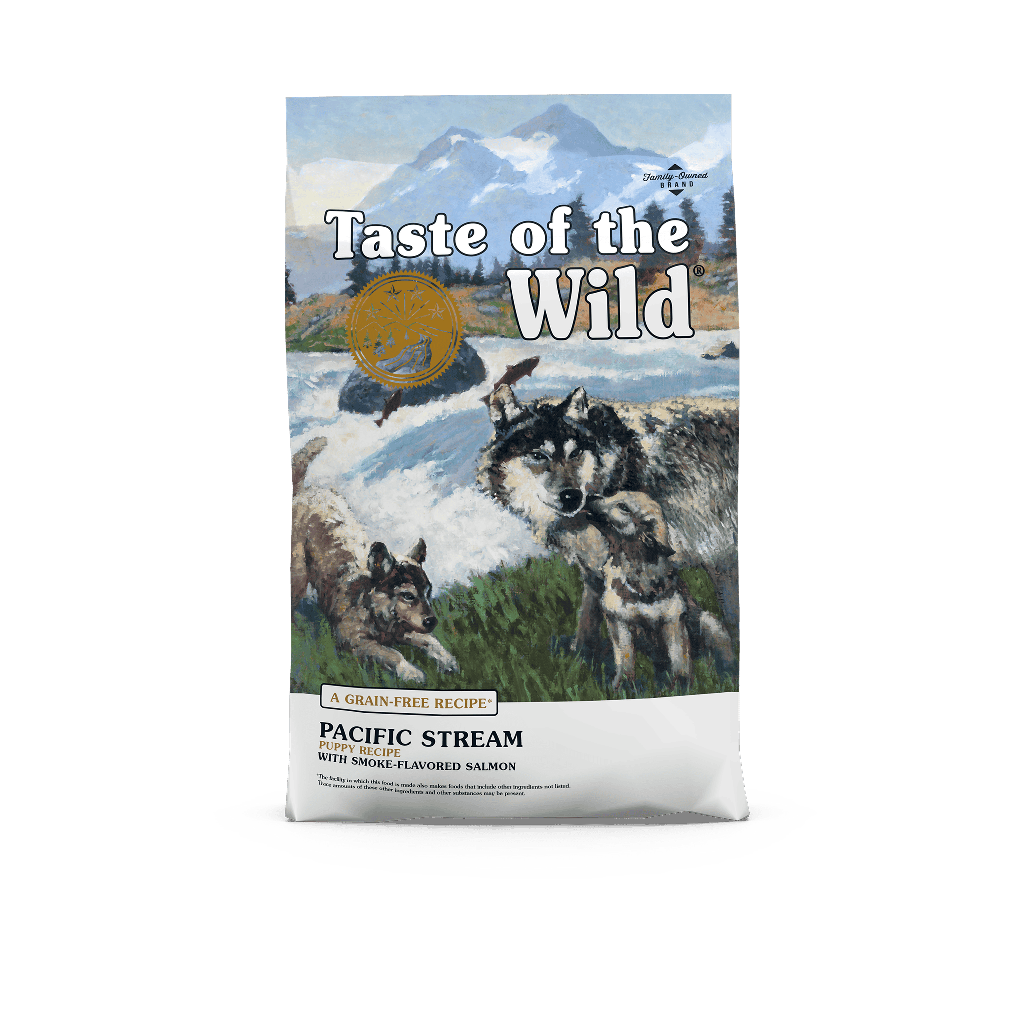 Front of the Taste of the Wild Pacific Stream Puppy grain-free bag with painted artwork of a wolf and pups beside a rushing mountain stream