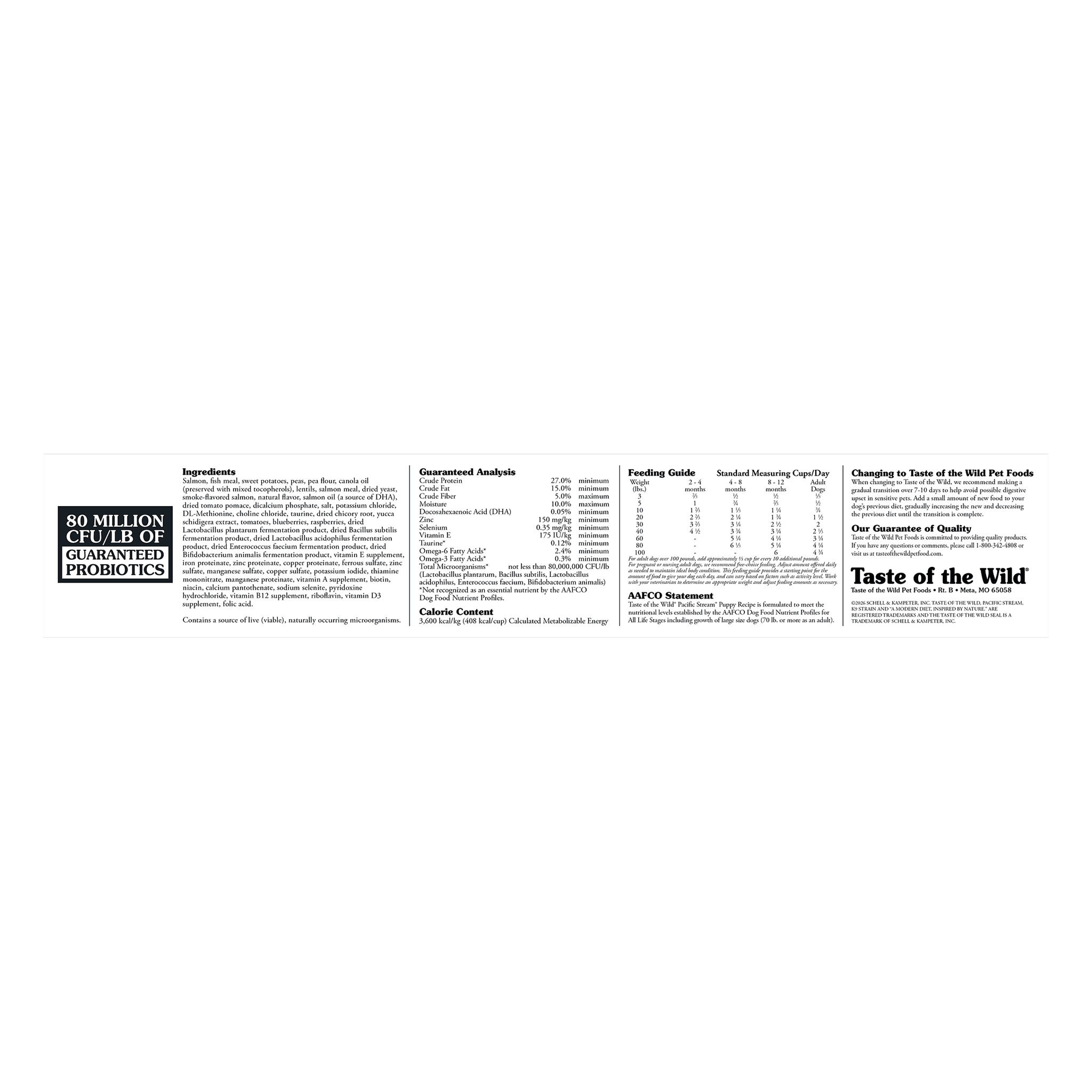 Side panel of the bag with ingredients, guaranteed analysis, feeding guide, calorie content and AAFCO statement