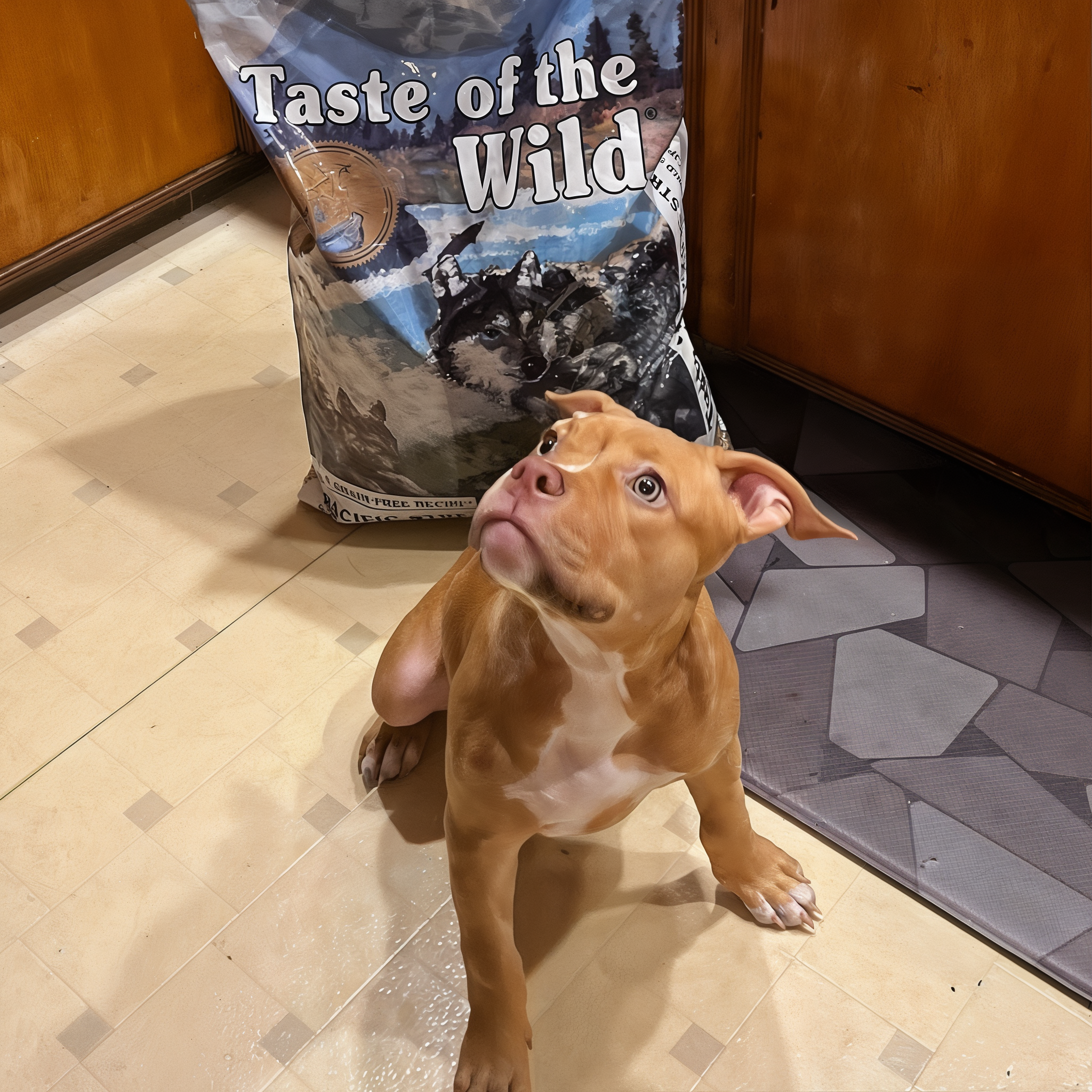Puppy sitting on a kitchen floor looking up beside a bag of Taste of the Wild Pacific Stream Puppy