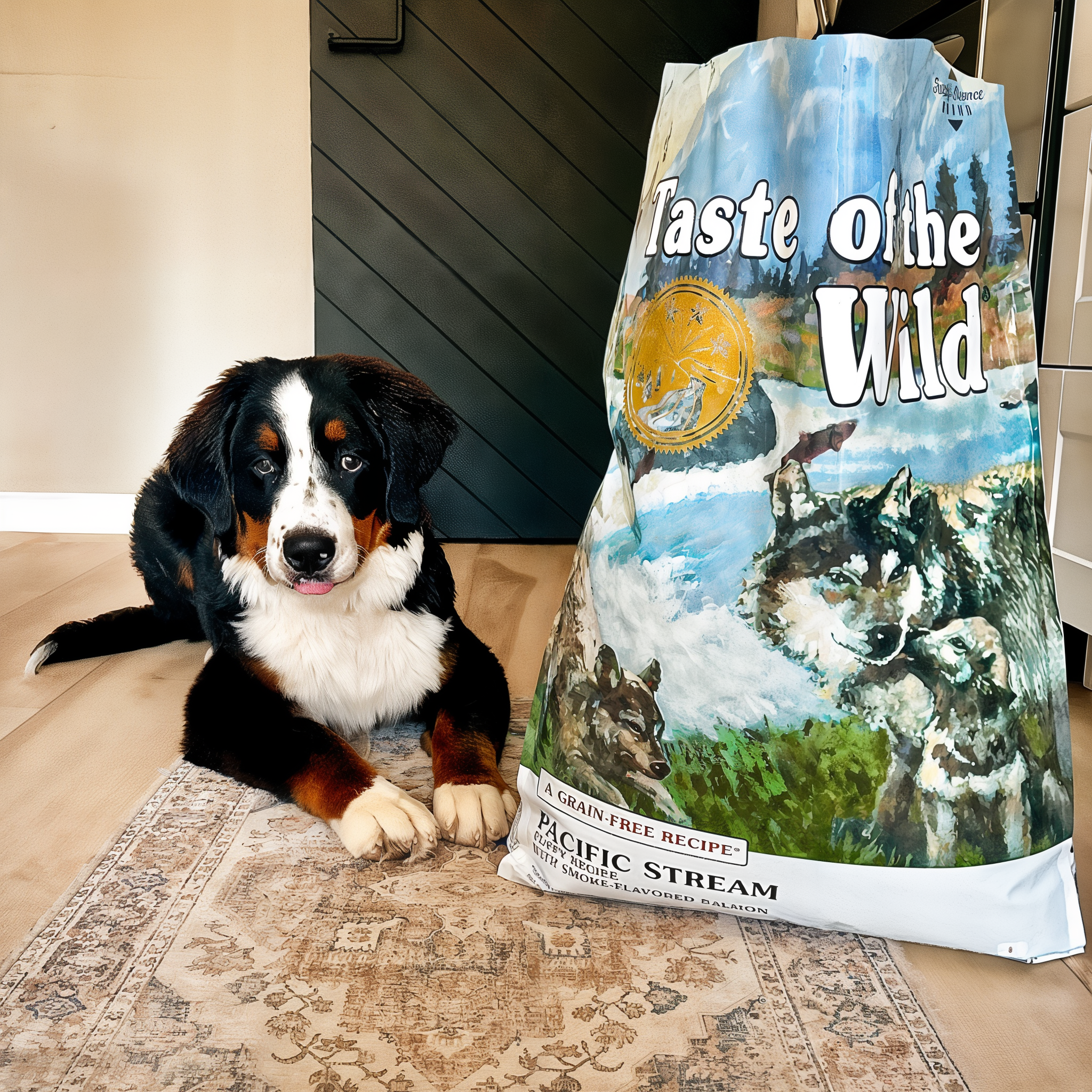 Bernese mountain dog puppy lying on a rug beside a bag of Taste of the Wild Pacific Stream