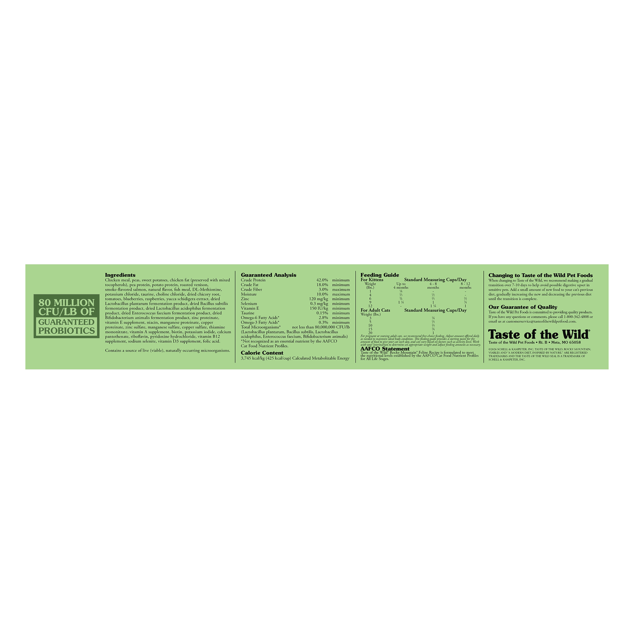 Side panel of the bag with ingredients, guaranteed analysis, feeding guide, calorie content, and AAFCO statement