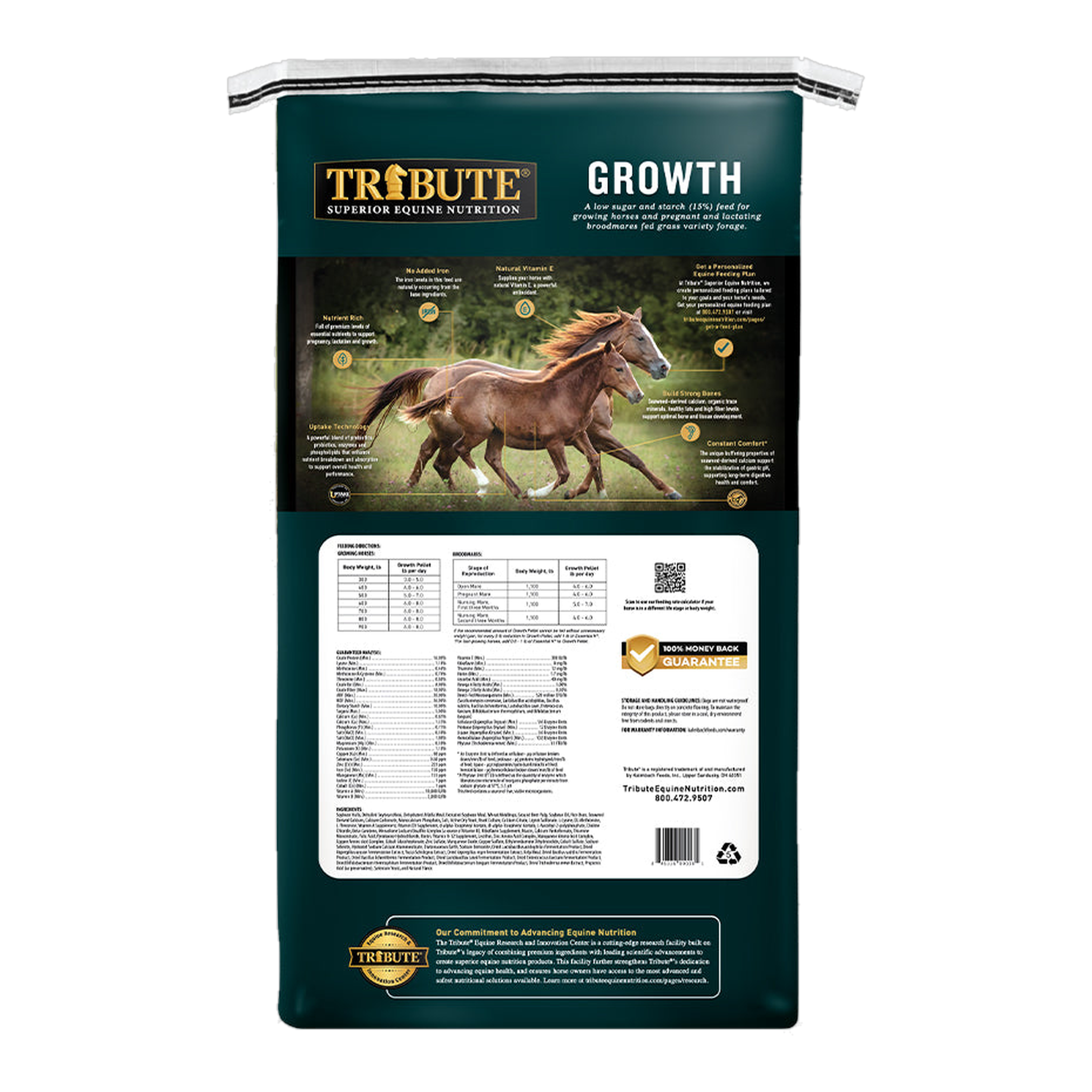 Tribute Growth Pellet Horse Feed 50 lb bag back with feeding directions and guaranteed analysis