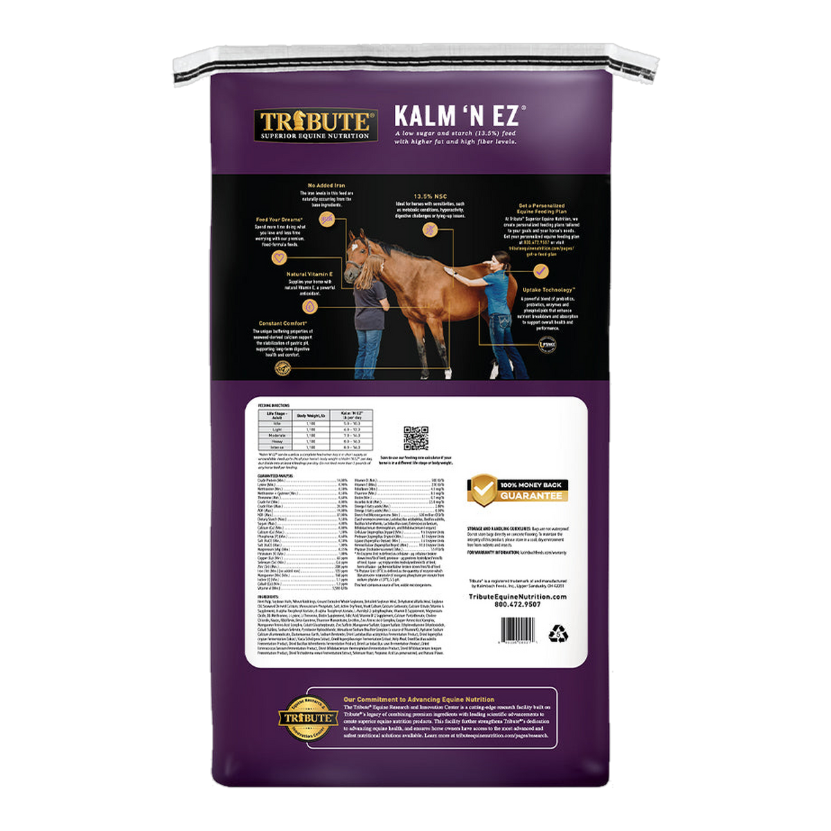 Tribute Kalm 'N EZ Pellet Horse Feed 50 lb bag, back with feeding directions and guaranteed analysis