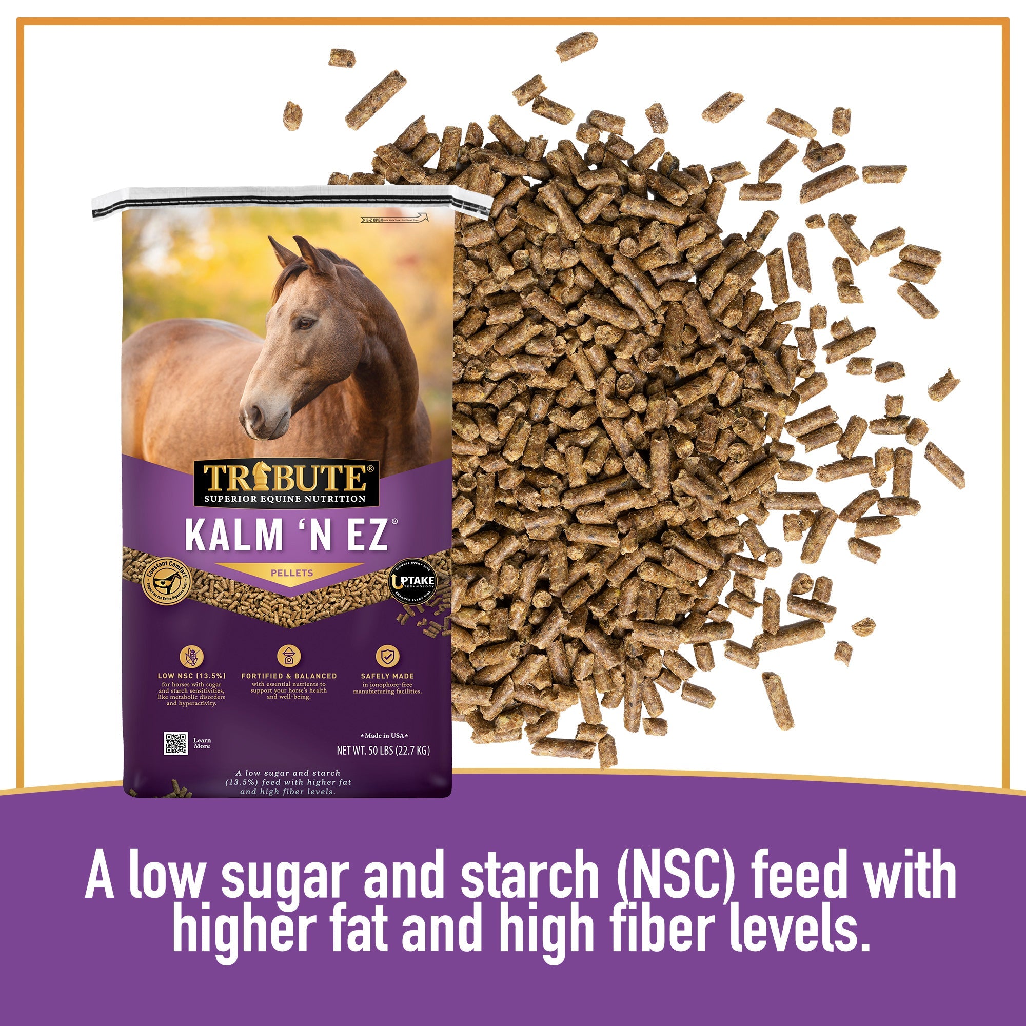 Tribute Kalm 'N EZ Pellet, a low sugar and starch feed with higher fat and high fiber levels