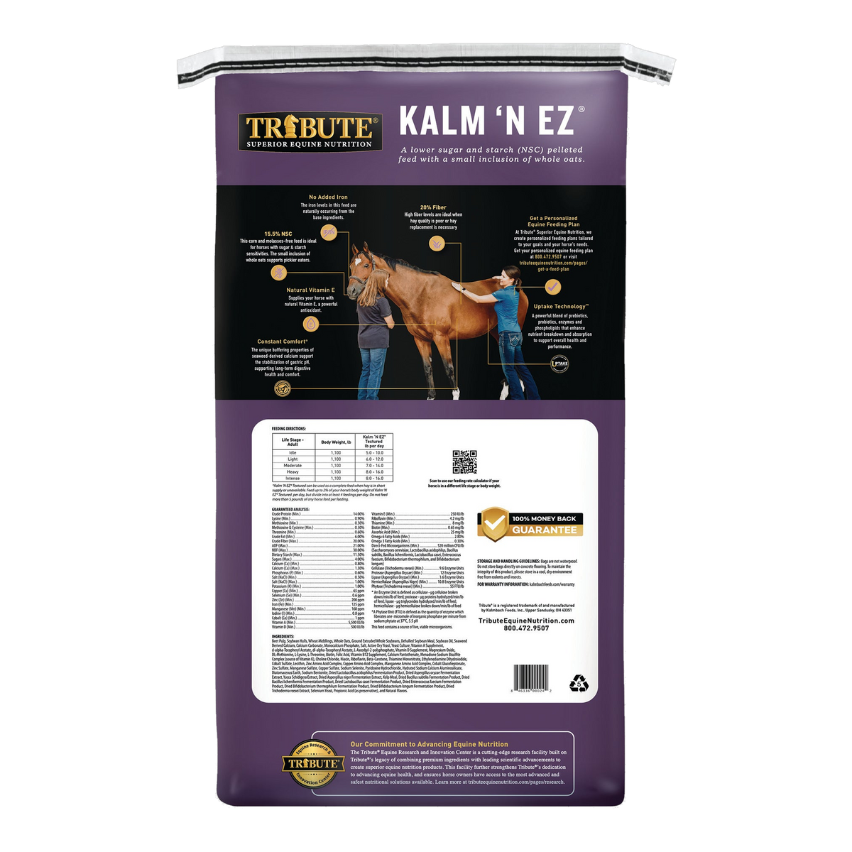 Tribute Kalm 'N EZ Textured Horse Feed back label with guaranteed analysis and feeding directions