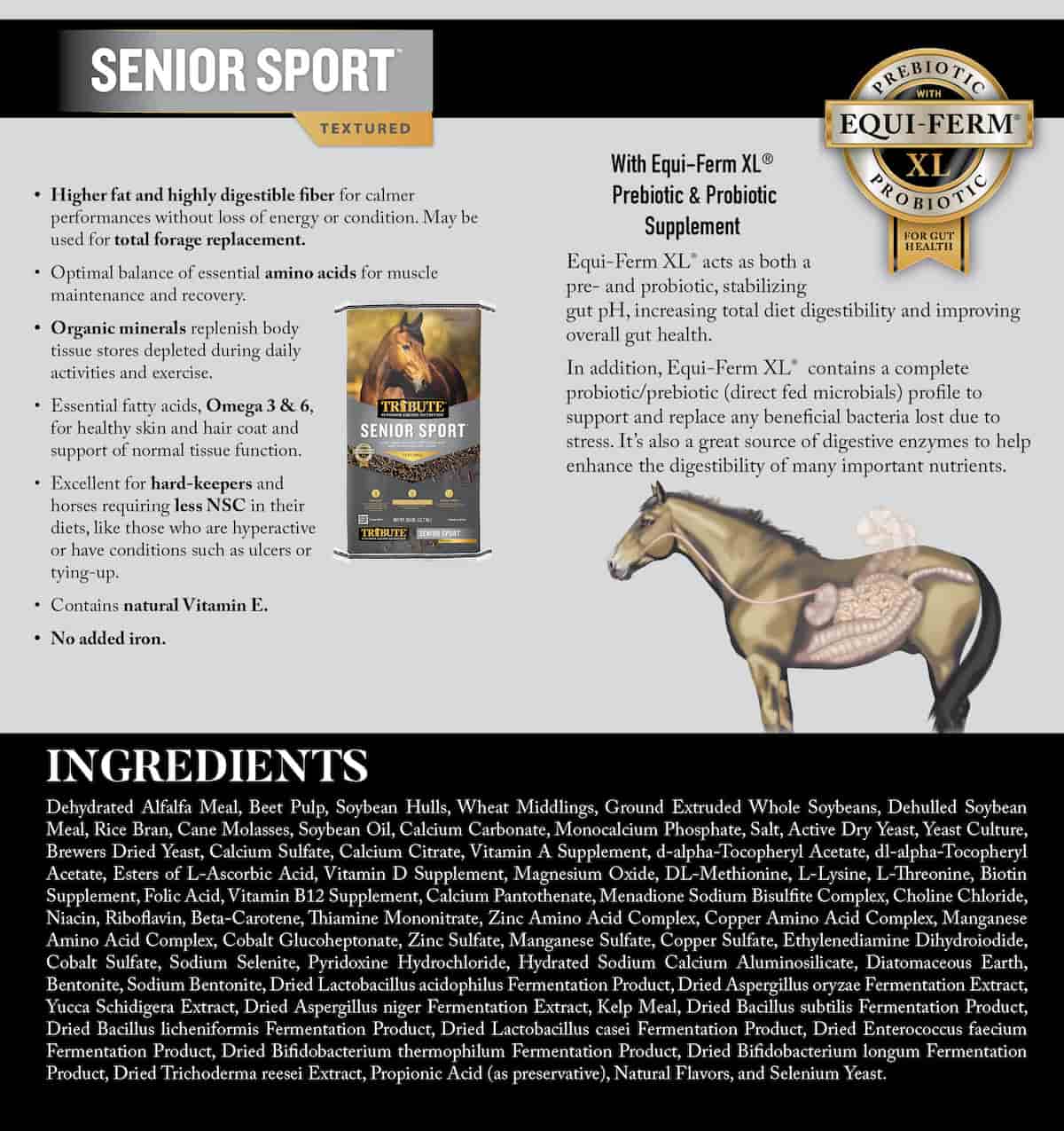 Tribute Senior Sport ingredients and Equi-Ferm XL prebiotic and probiotic supplement details