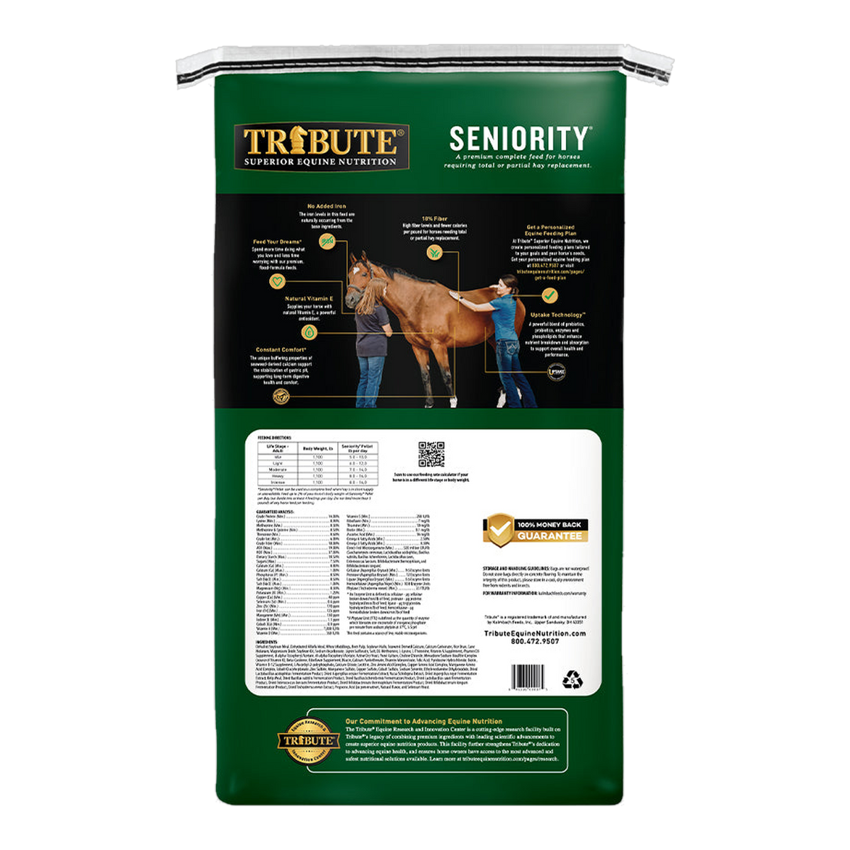 Tribute Seniority Pellet Horse Feed 50 lb bag, back with feeding directions and guaranteed analysis