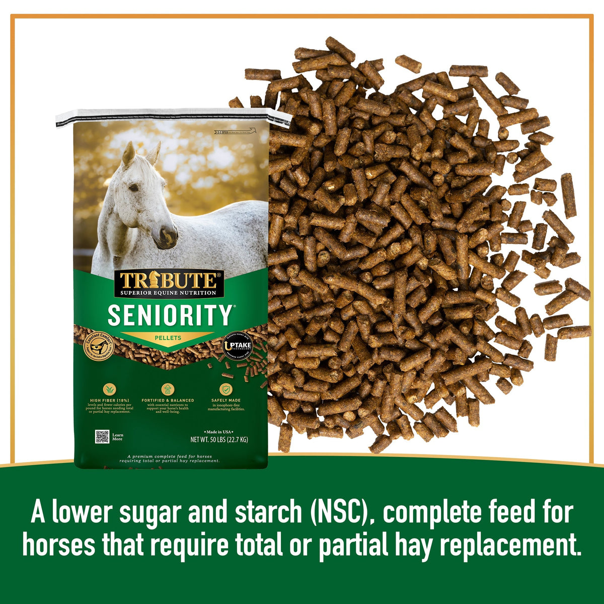 Tribute Seniority Pellet bag with pellets - a lower sugar and starch complete feed for hay replacement