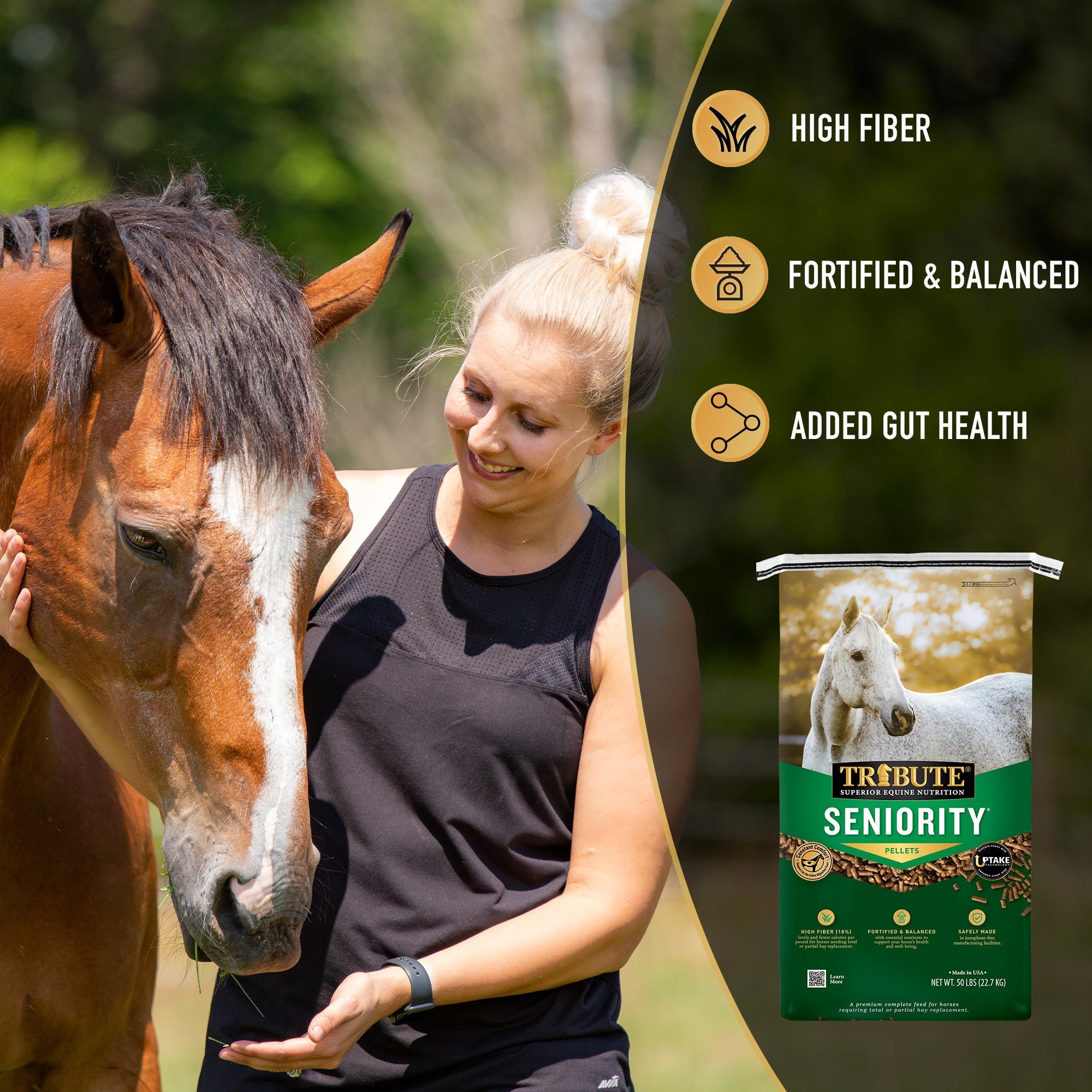 Woman hand-feeding senior horse with Tribute Seniority Pellet - high fiber, fortified and balanced, added gut health