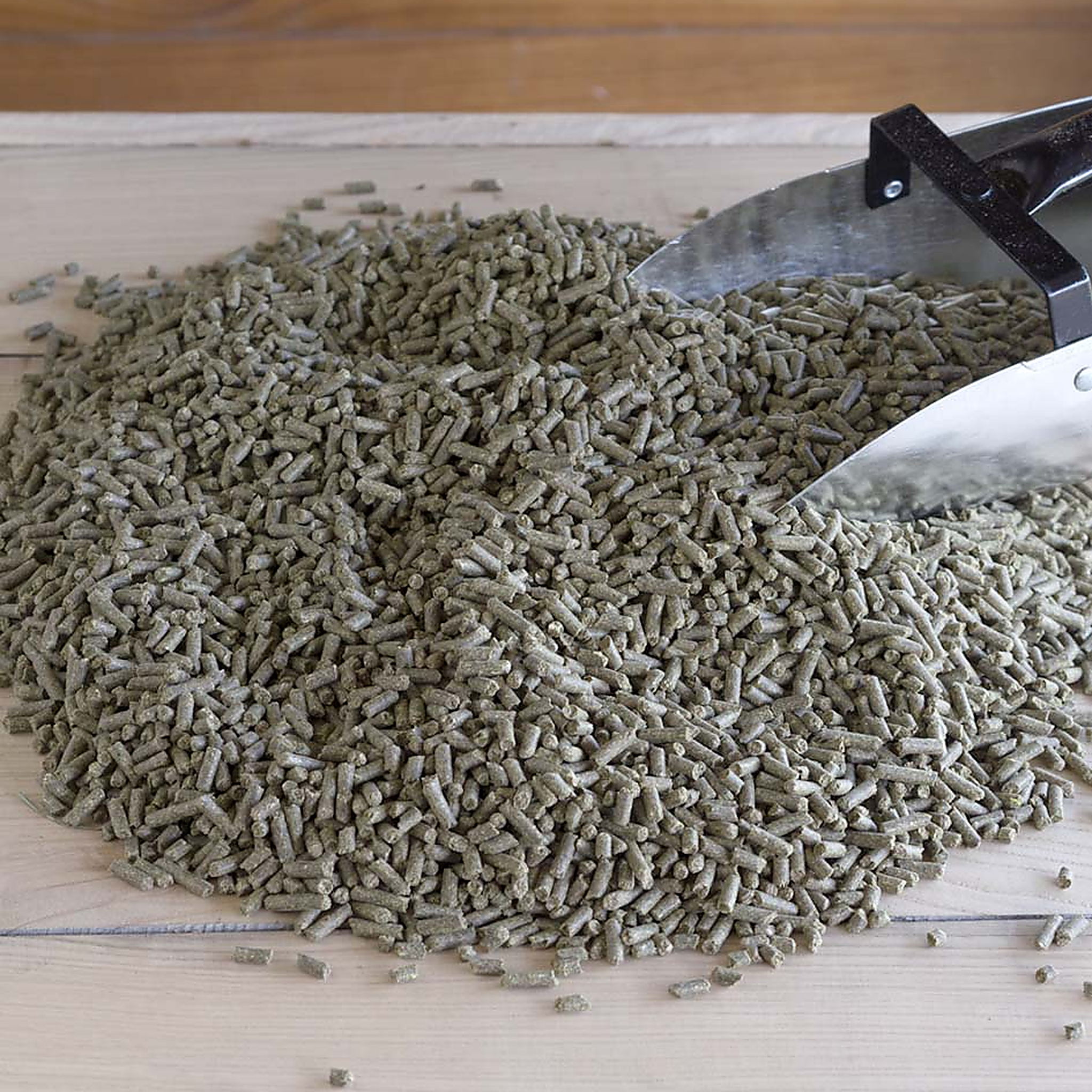 Close-up of Triple Crown Balancer Gold pellets poured from a feed scoop
