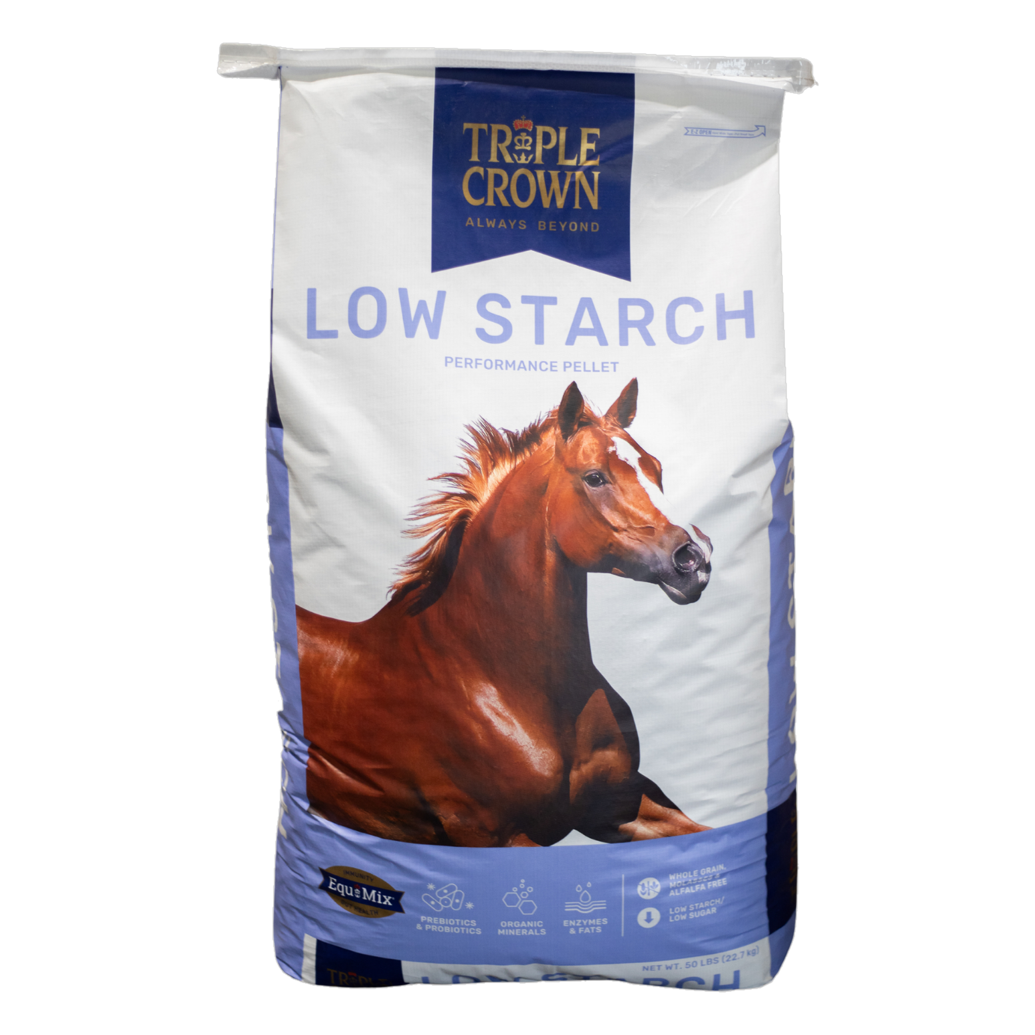 Triple Crown Low Starch pelleted horse feed 50 lb bag, front of bag