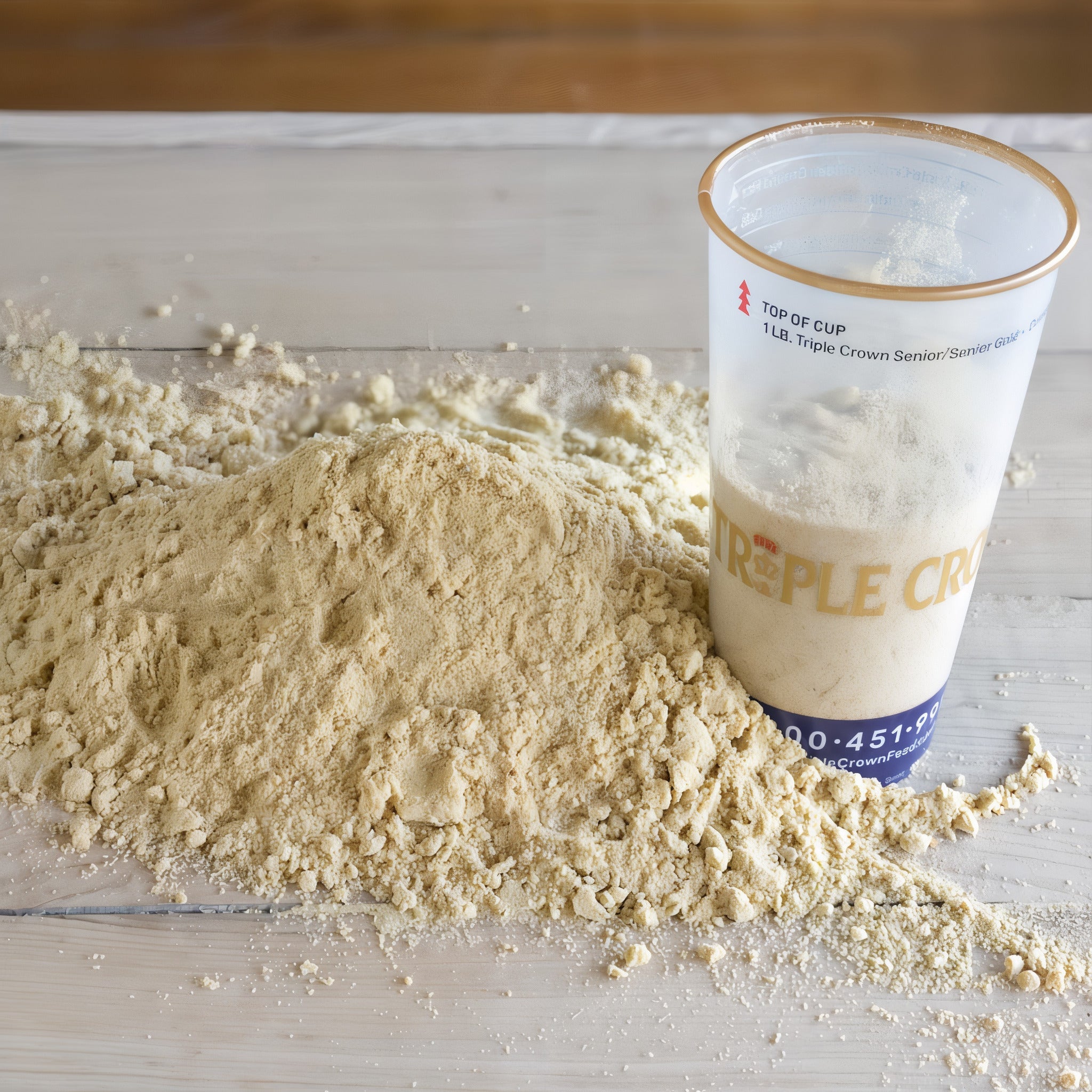 Close-up of Triple Crown golden ground flax meal beside a measuring cup
