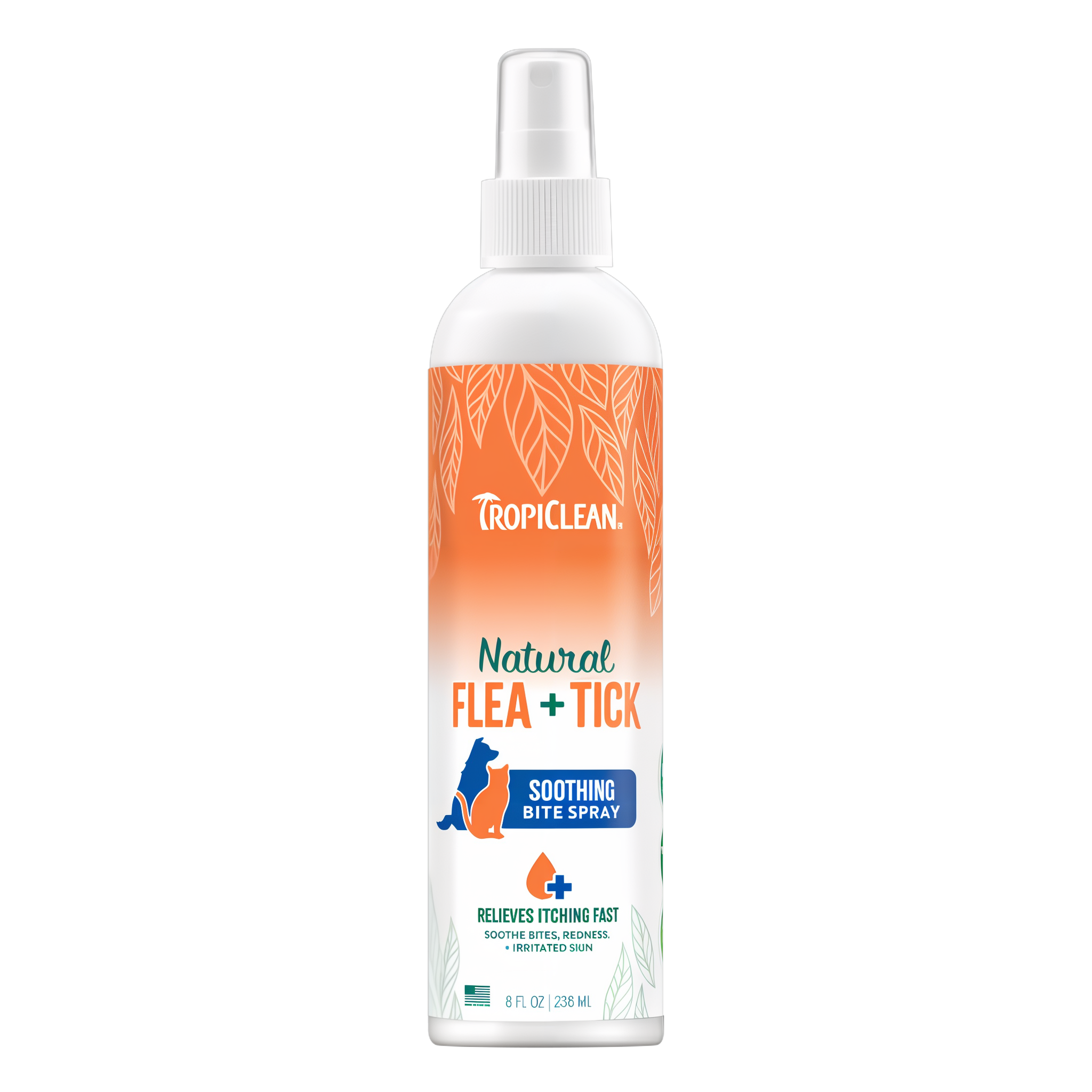 TropiClean Natural Flea + Tick Bite Relief Spray for Pets, front image of bottle