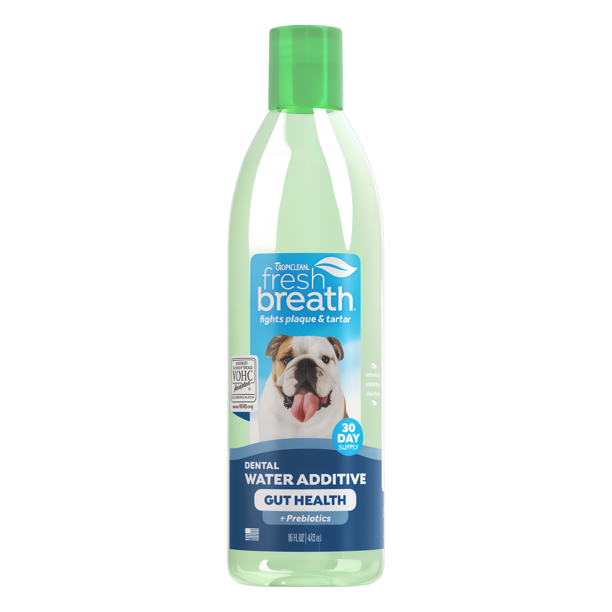 TropiClean Fresh Breath Dental Water Additive Plus Gut Health for Dogs, front image of bottle