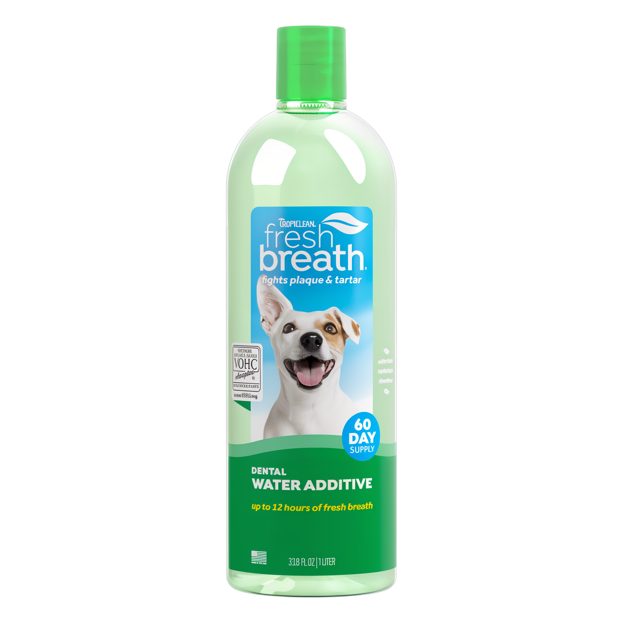 TropiClean Fresh Breath Oral Care Water Additive for Pets, front image of 33oz bottle