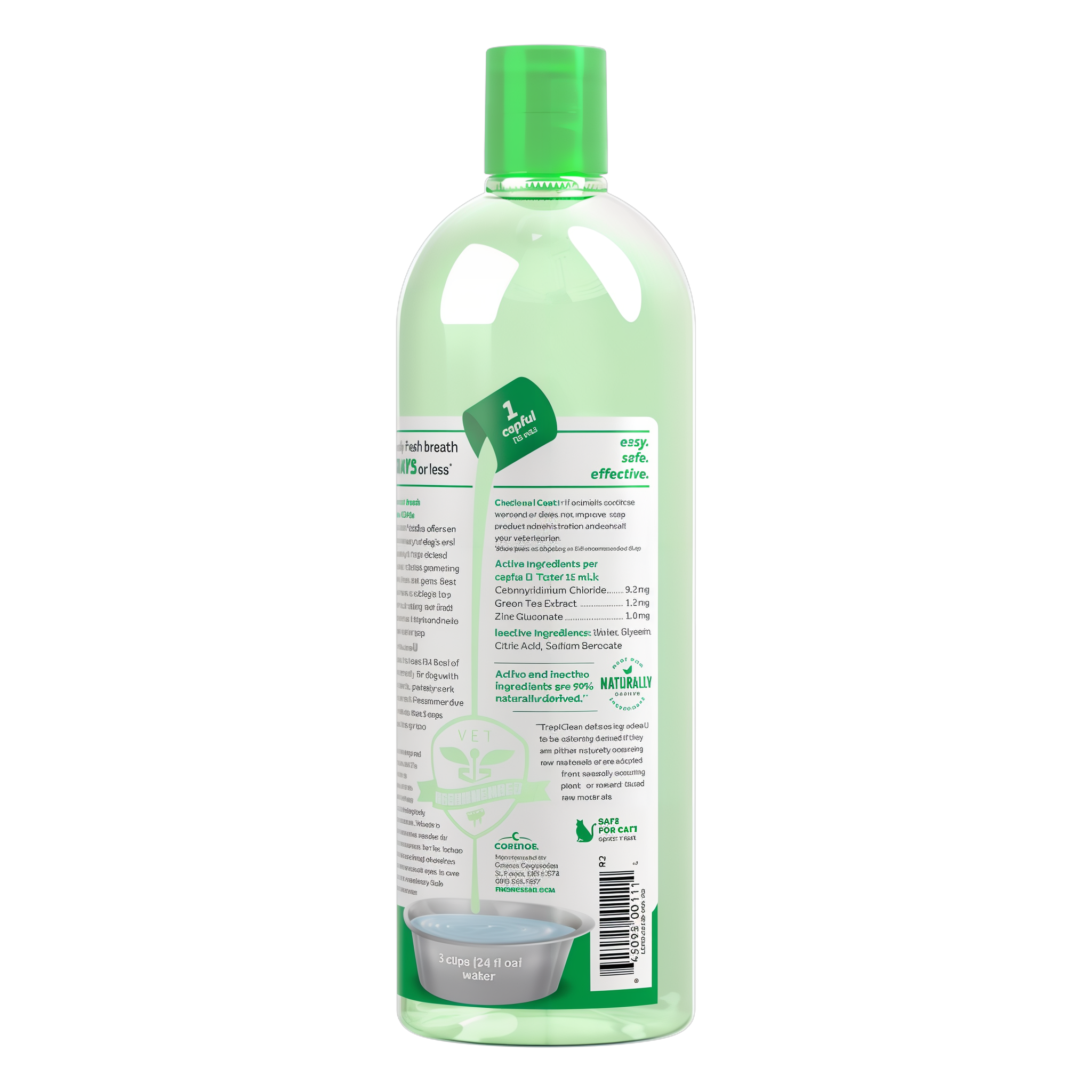 TropiClean Fresh Breath Oral Care Water Additive for Pets, back image of 33oz bottle