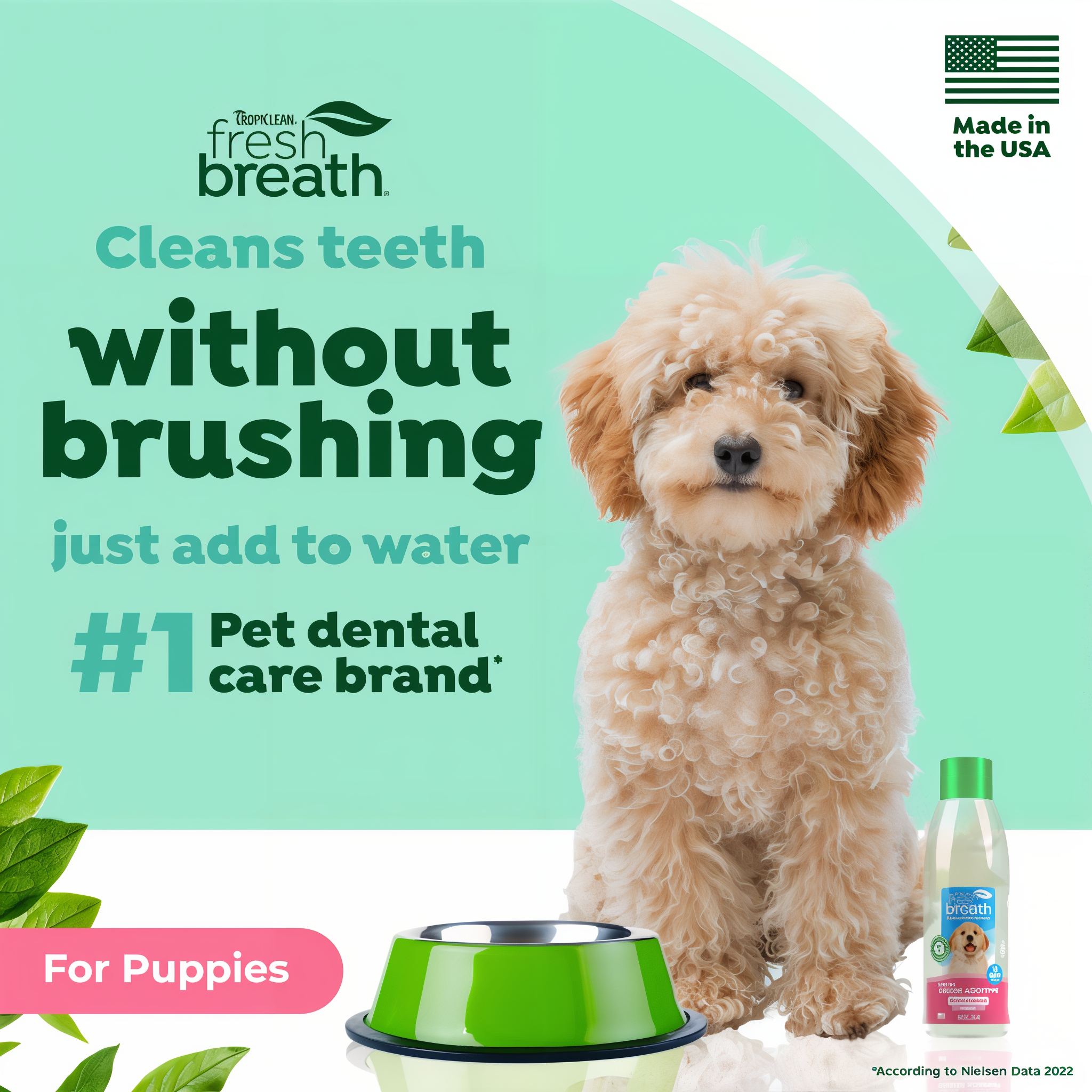 Dog next to a bottle of TropiClean Fresh Breath Oral Care Water Additive for Puppies, front view of 8oz bottle with text about dental care for puppies.