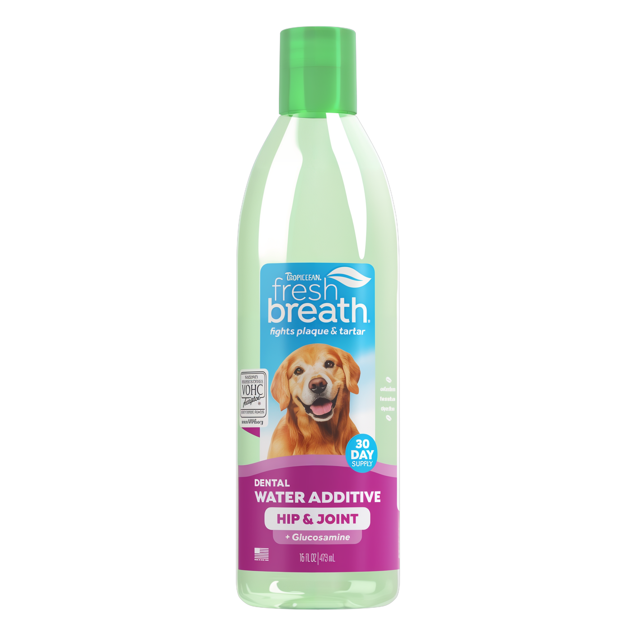 Fresh Breath by TropiClean Oral Care Water Additive Plus Hip & Joint for Pets, image of front of 16oz bottle