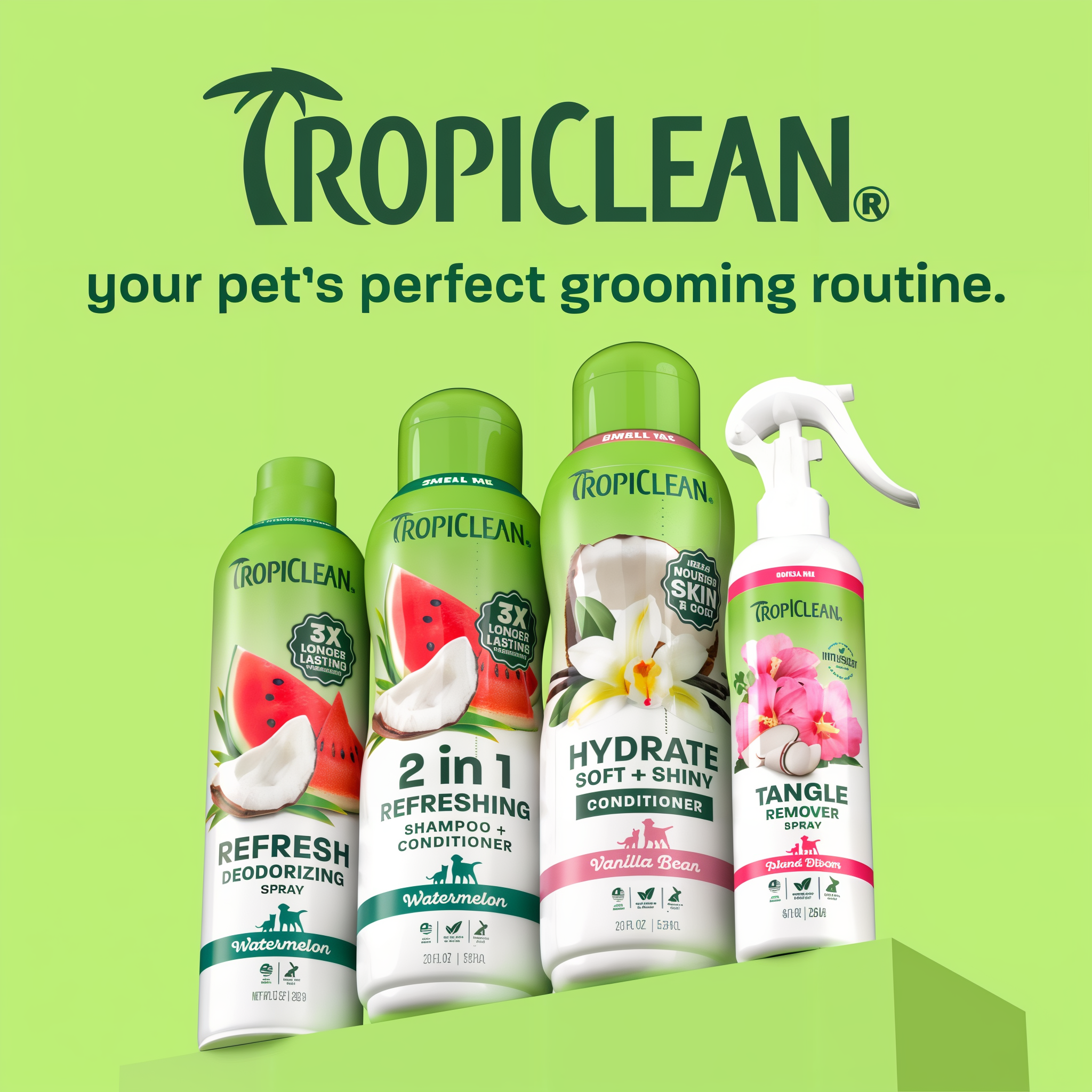TropiClean line up on light green background.