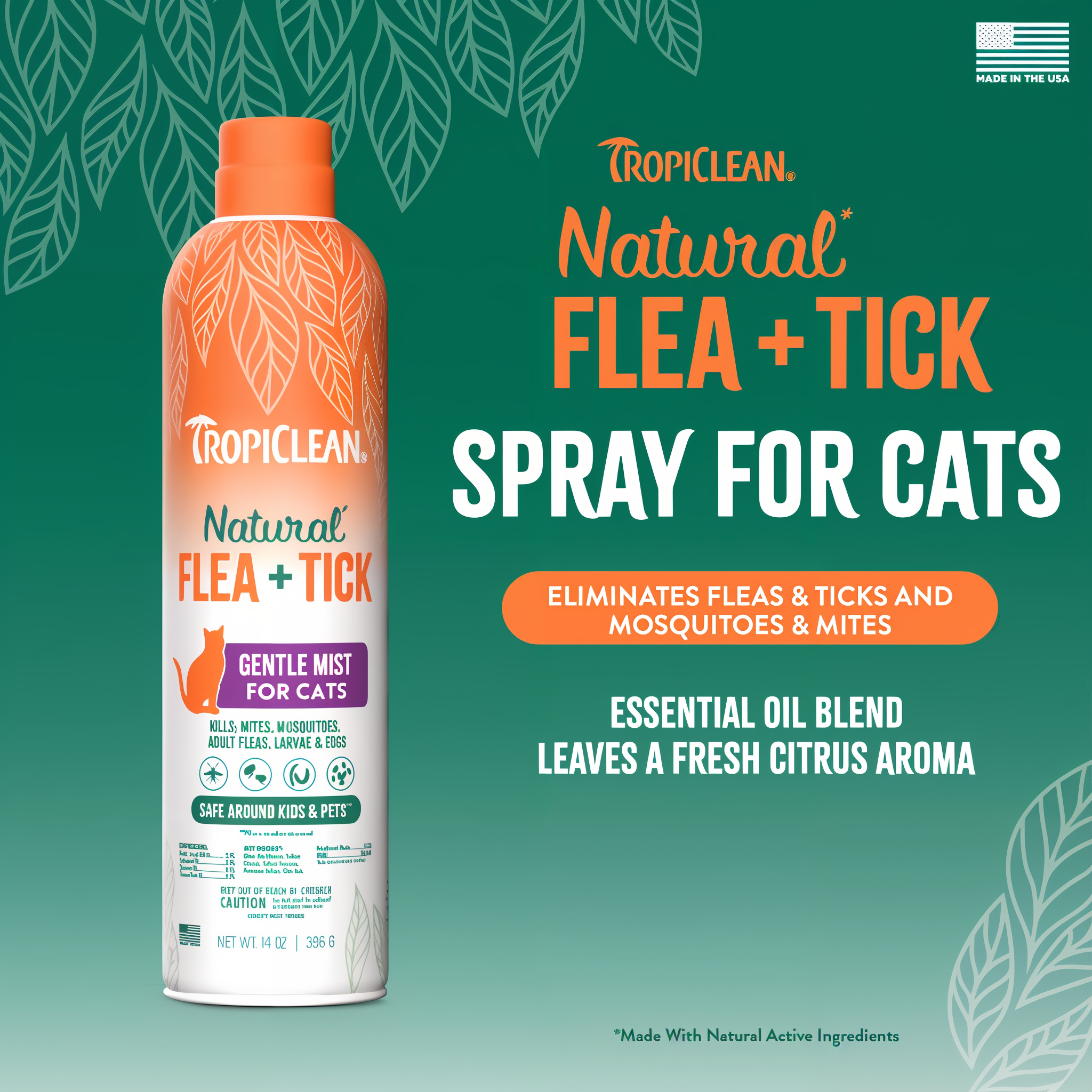 TropiClean Natural Flea + Tick Cat + Home Easy Mist Spray for cats on a green background with text.