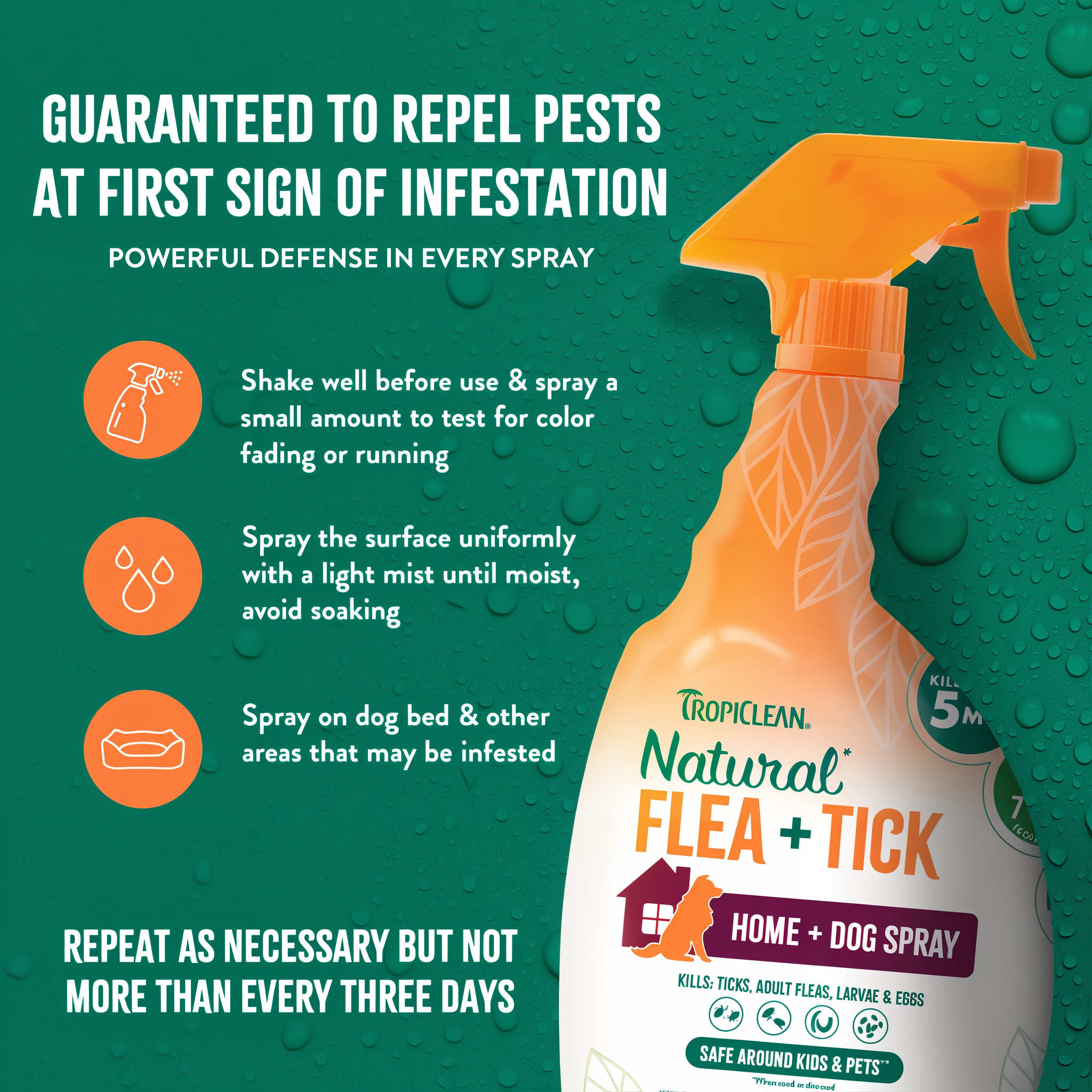 TropiClean Flea and Tick home & dog Spray for Dogs. Dog spray bottle with usage instructions on a green background.