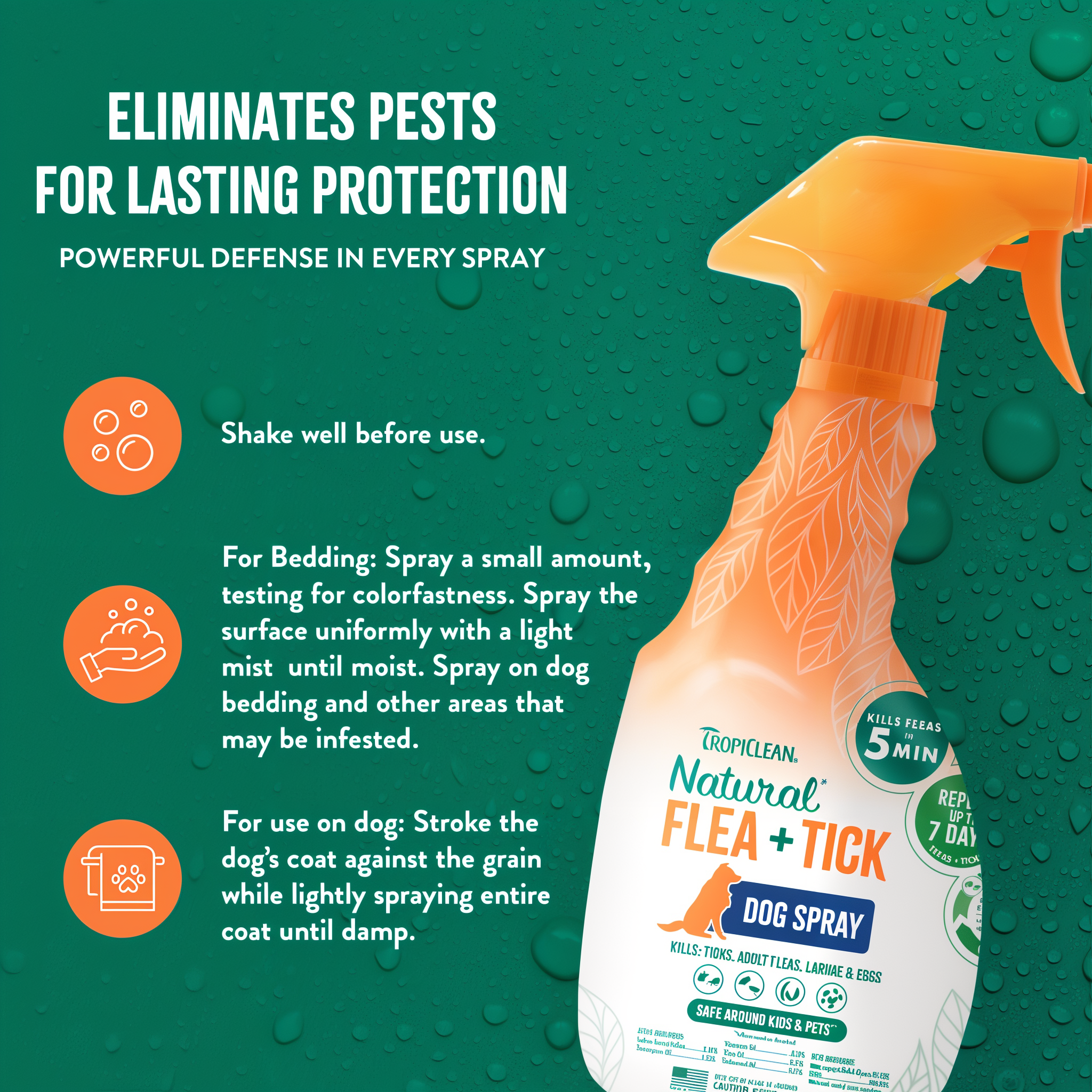 Tropiclean Natural Flea + Tick Home & Dog Spray bottle with usage instructions on a green background.