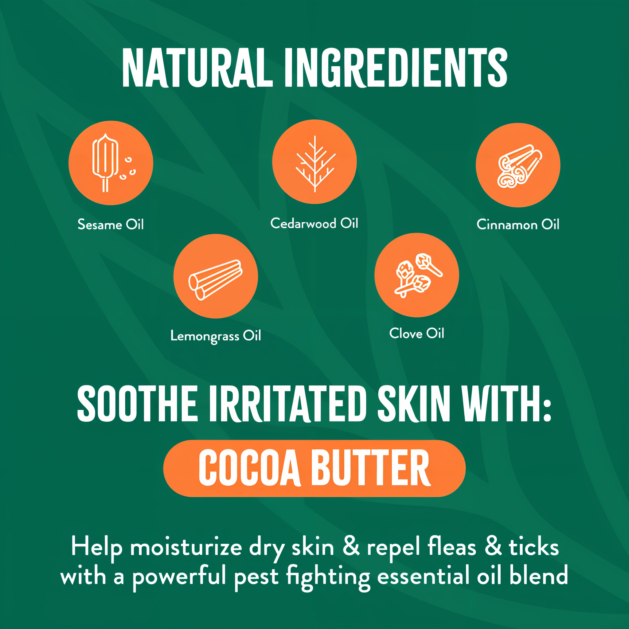 List of natural ingredients used in a Tropiclean Natural Flea + Tick soothing dog shampoo with a green background
