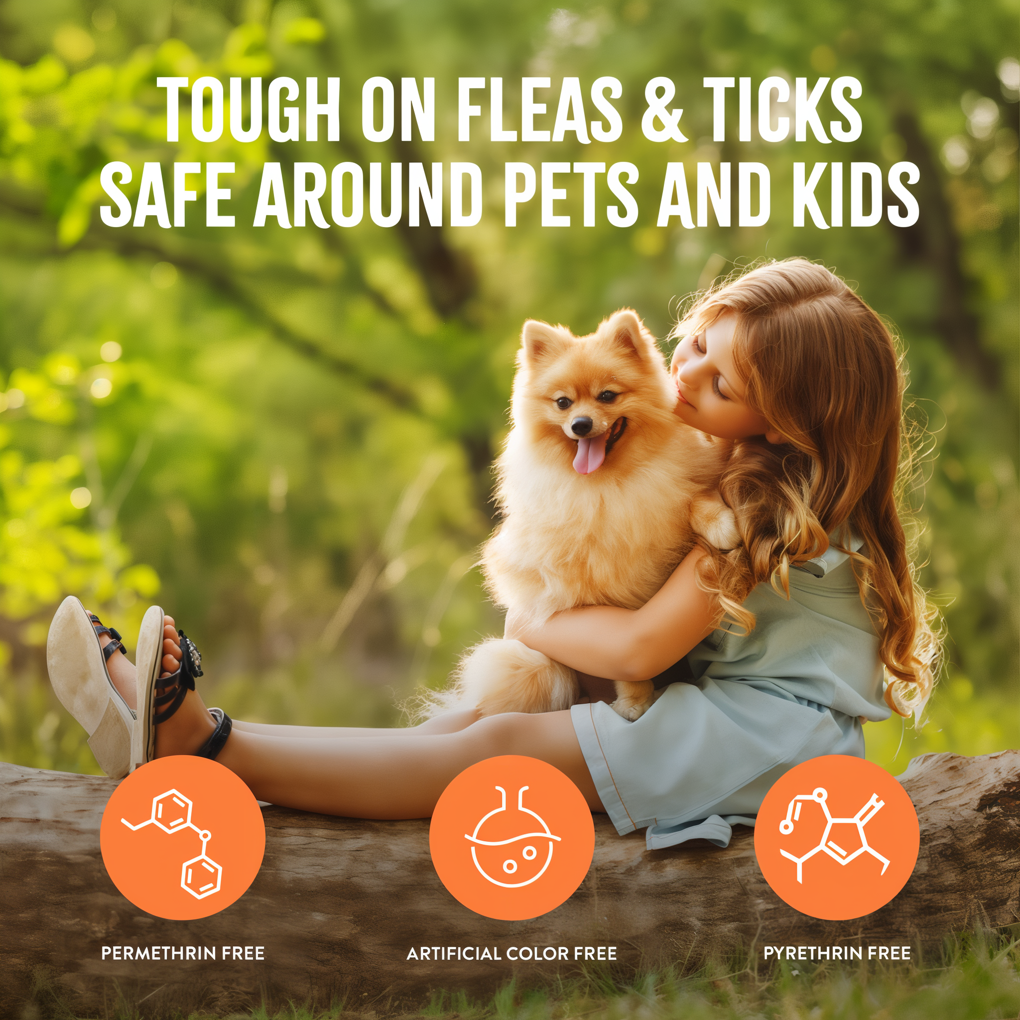 Child holding a small dog outdoors with text about product safety, and icons indicating permethrin-free, artificial color-free, and pyrethrin-free.