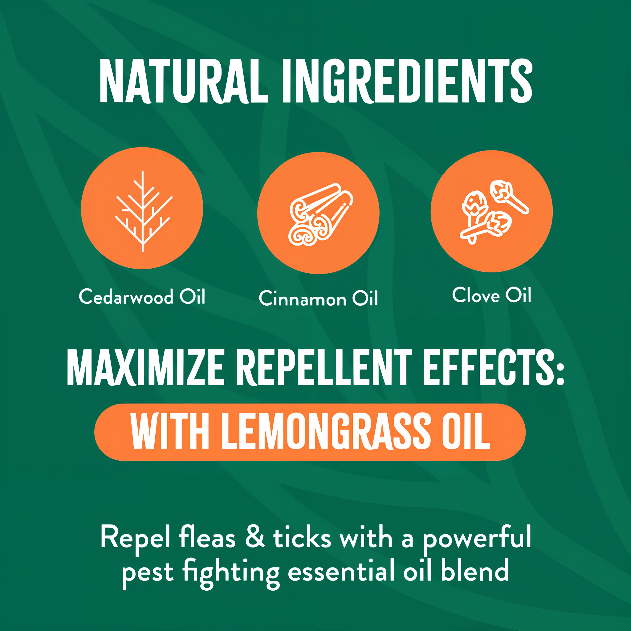 TropiClean Natural Flea + Tick Yard Spray. Promotional graphic for natural ingredients with icons and text on a green background