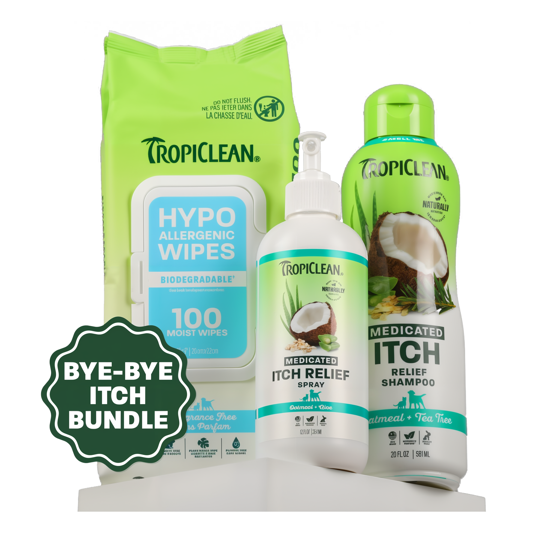 TropiClean three-piece itch relief set including hypoallergenic wipes, medicated spray, and medicated shampoo with oatmeal.
