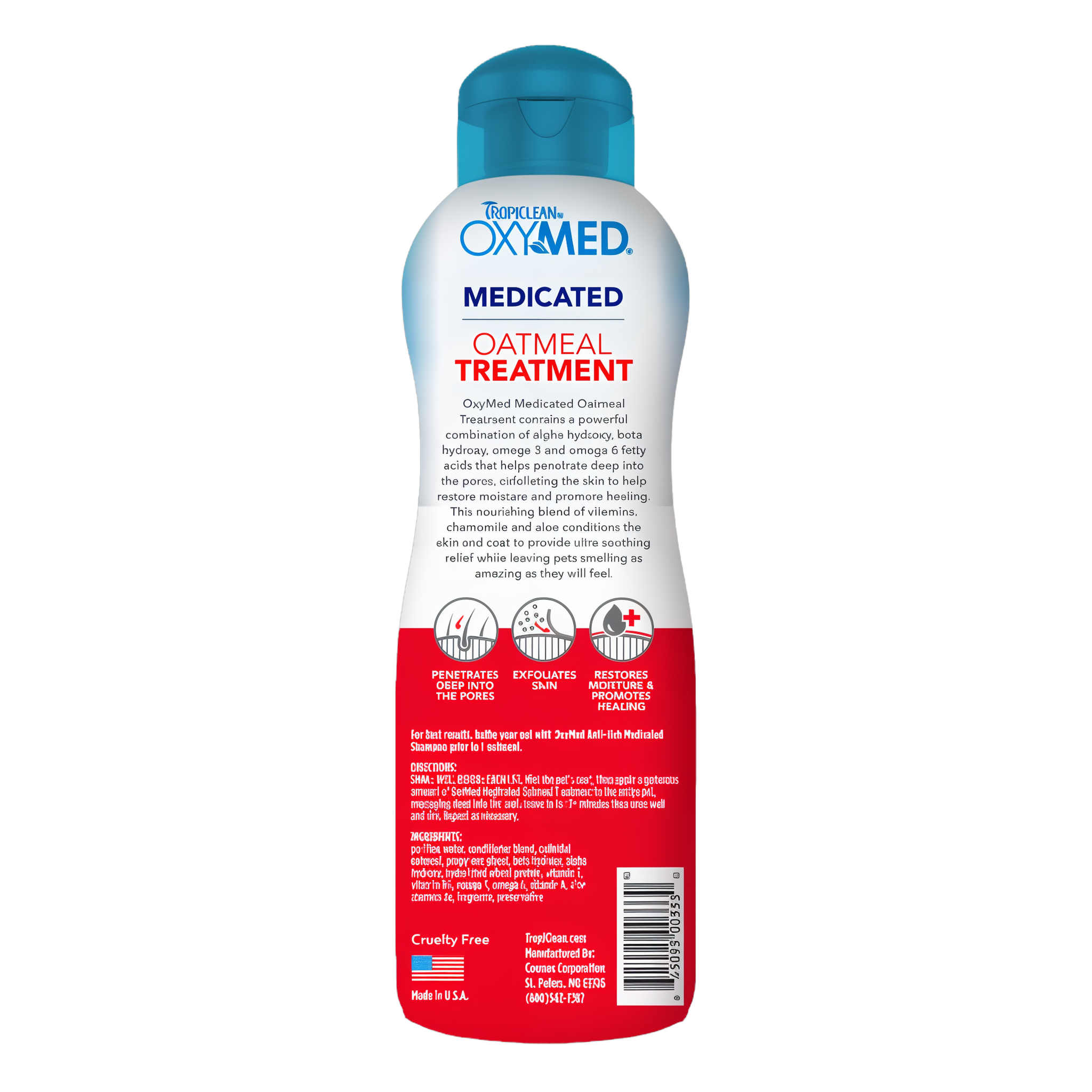 TropiClean OxyMed Medicated Anti Itch Treatment Rinse for Pets, back of 8oz bottle.