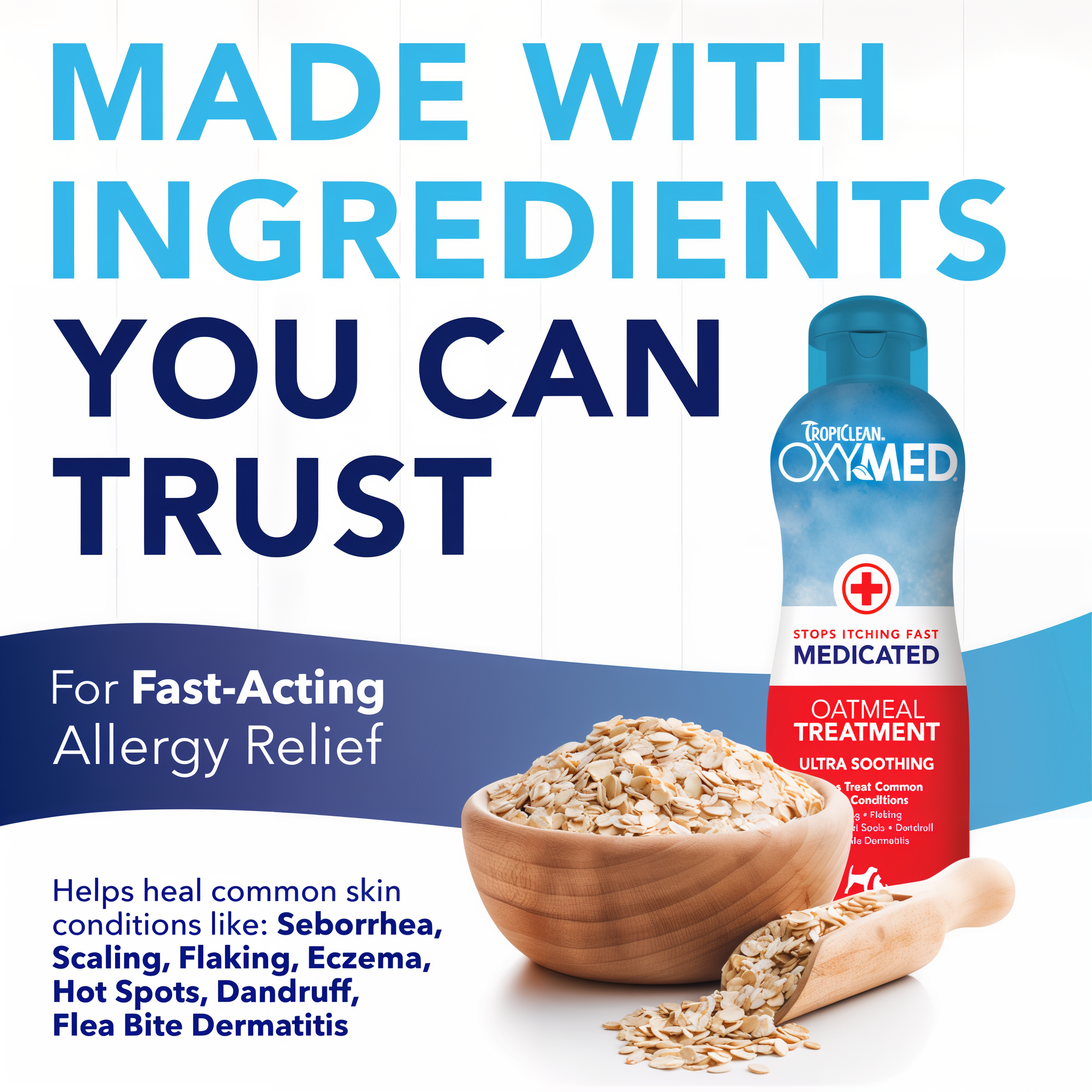 TropiClean OxyMed Medicated Anti Itch Treatment Rinse for Pets, ingredients for fast-acting allergy relief.