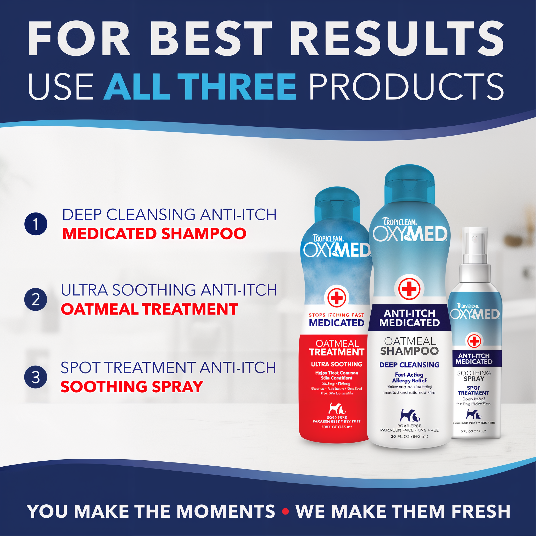 OxyMed pet care products with text promoting a complete line of soothing solutions.