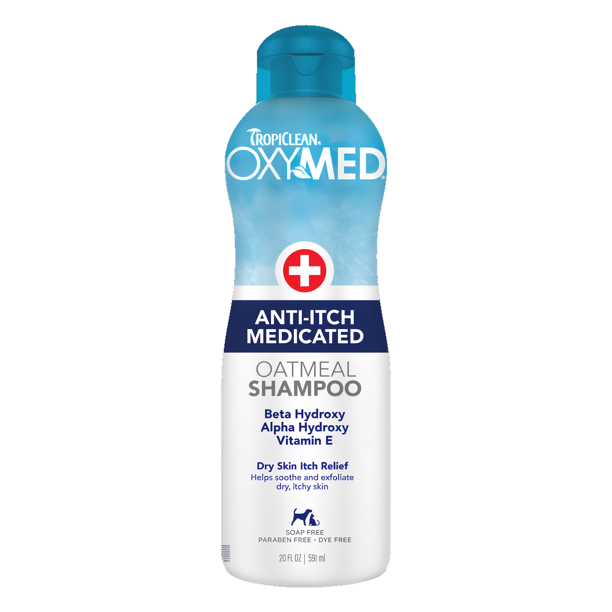 TropiClean OxyMed Medicated Anti Itch Shampoo for Pets, front of 20oz bottle.