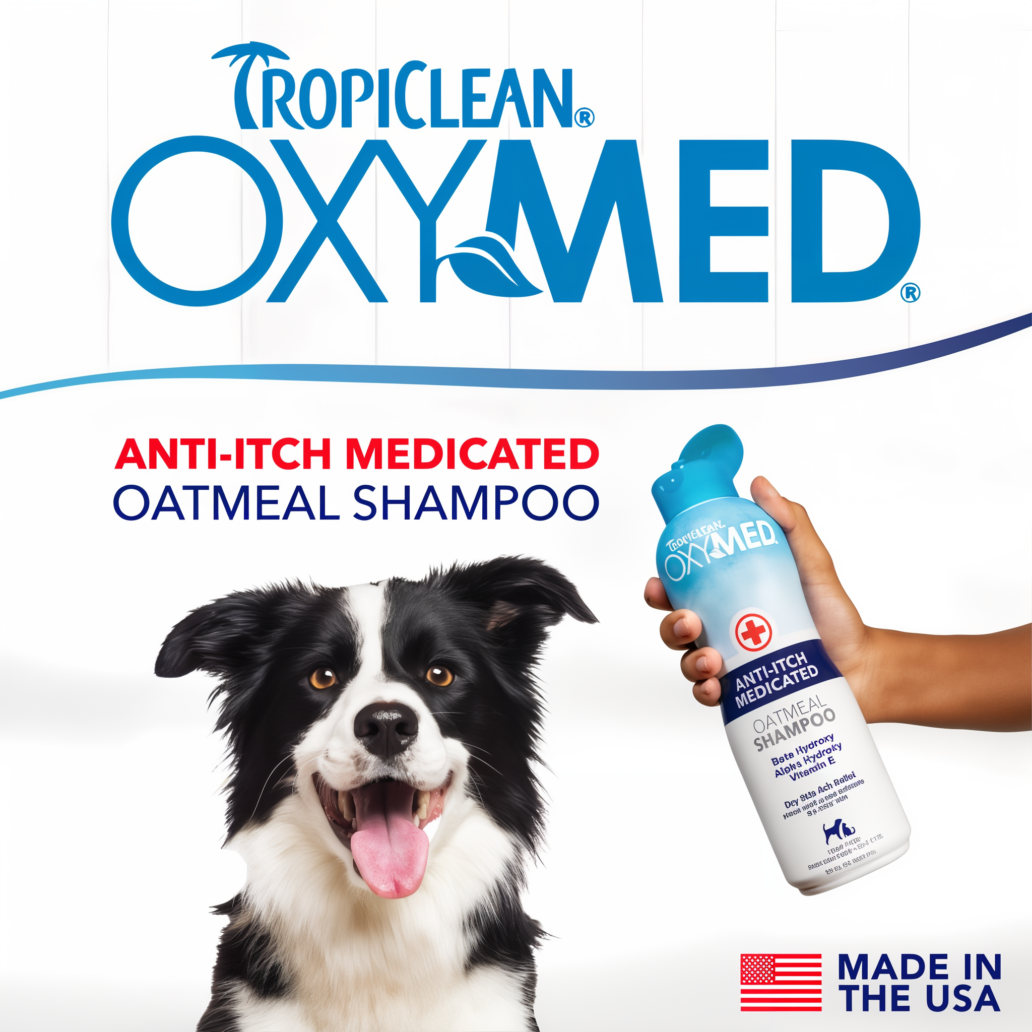 TropiClean OxyMed Medicated Anti Itch Shampoo for Pets bottle with a dog and hand holding it on a white background.