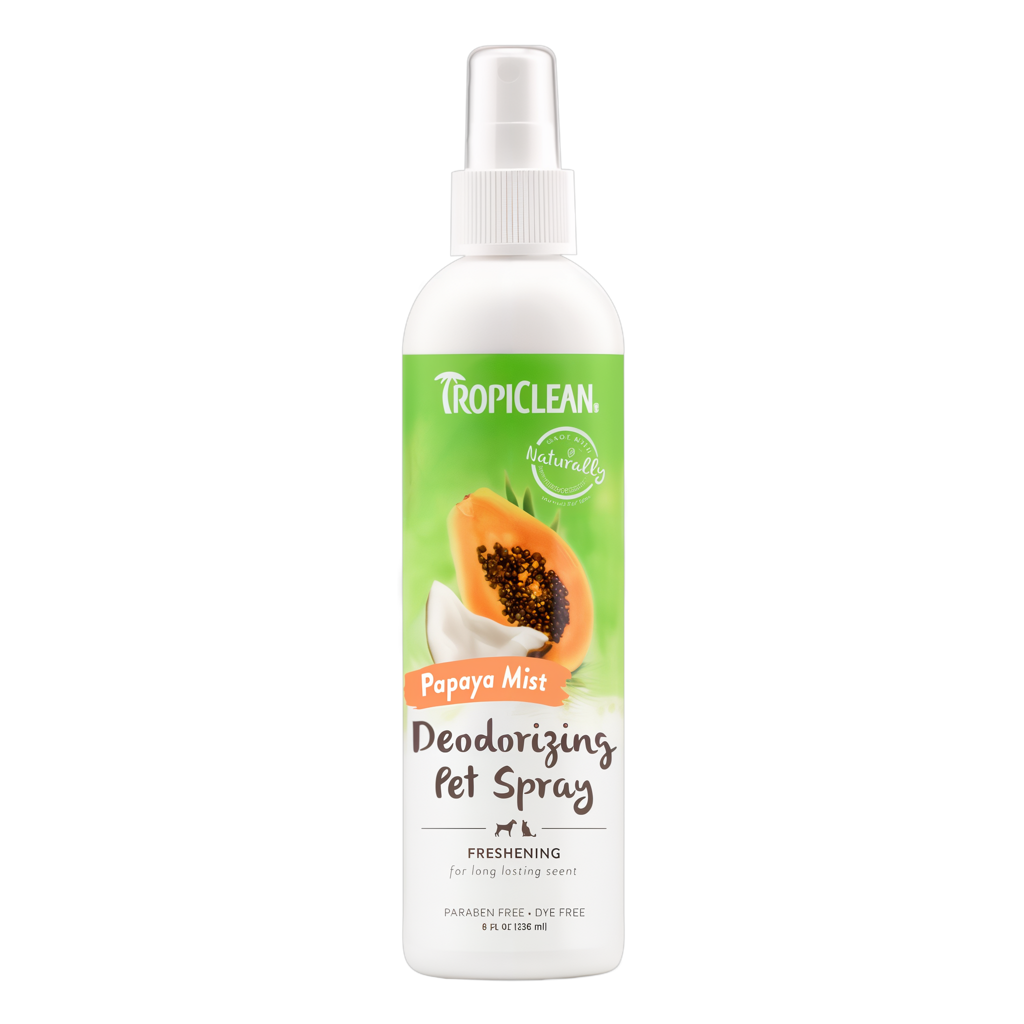 TropiClean Papaya Mist Deodorizing Pet Spray for Dogs & Cats, front of spray bottle.