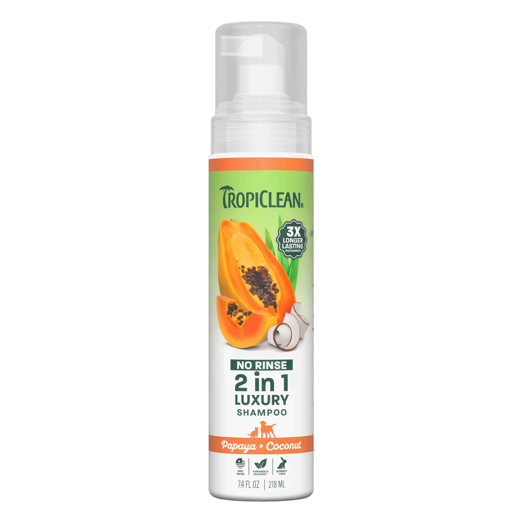 White spray bottle with orange and green label featuring papaya and coconut imagery, labeled TropiClean no rinse 2 in 1 luxur