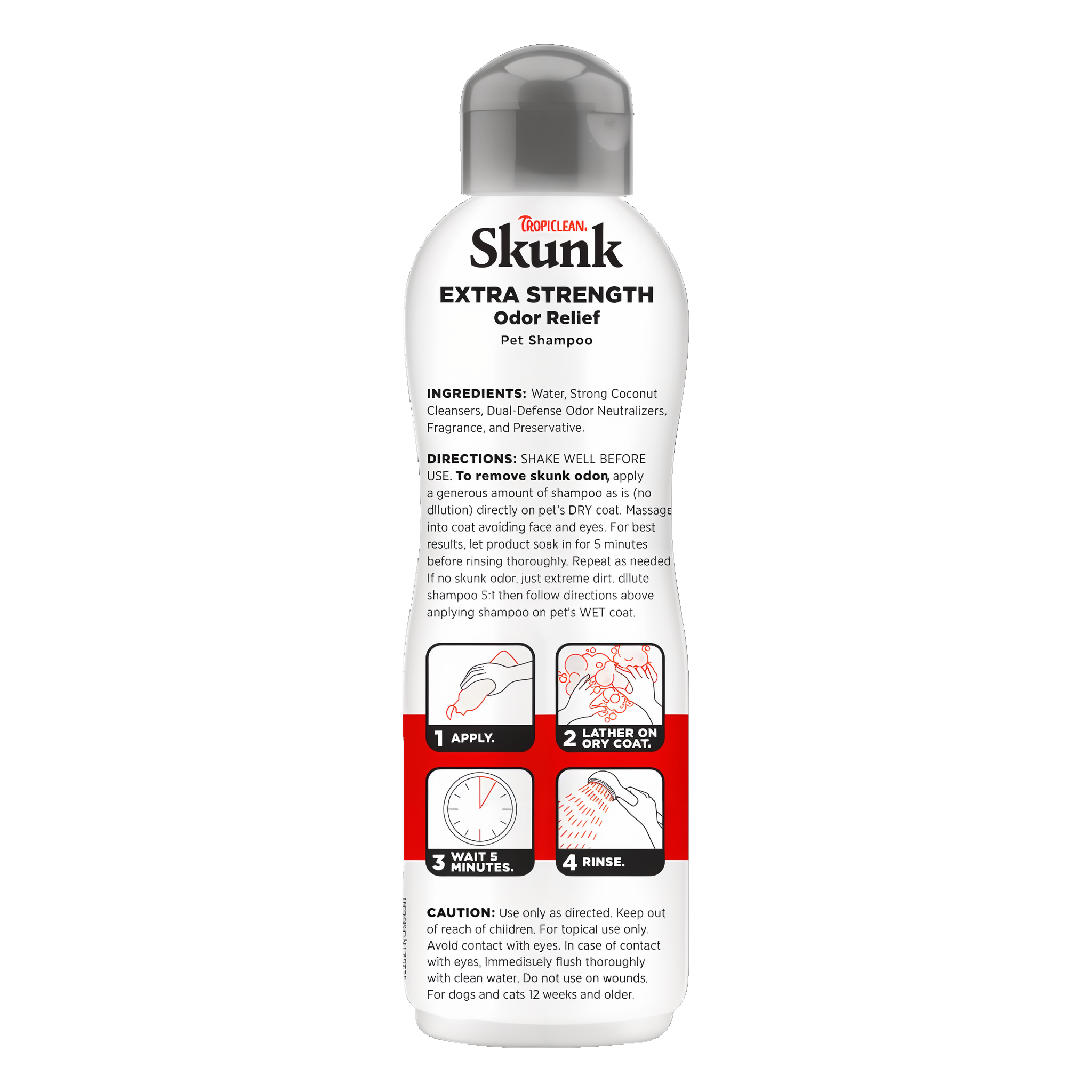 TropiClean Skunk Odor Control Shampoo for Dogs & Cats, image of back of 20oz bottle.