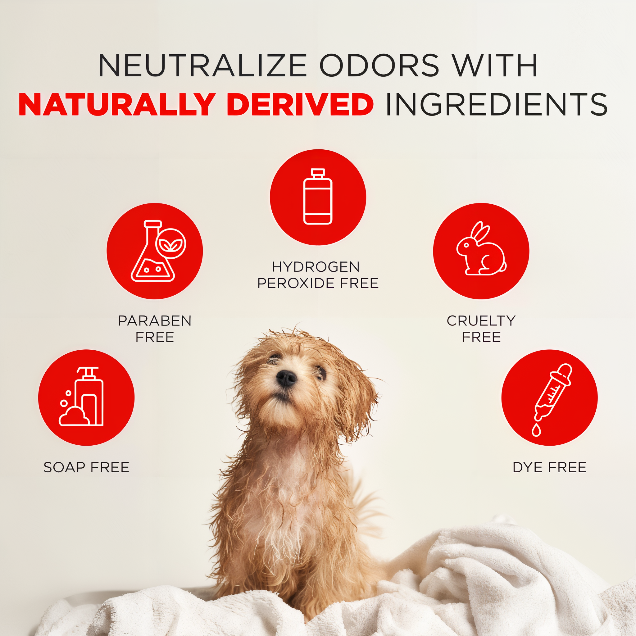 Dog sitting on a blanket with icons and featured ingredients of TropiClean Skunk Odor Control Shampoo for Dogs & Cats.