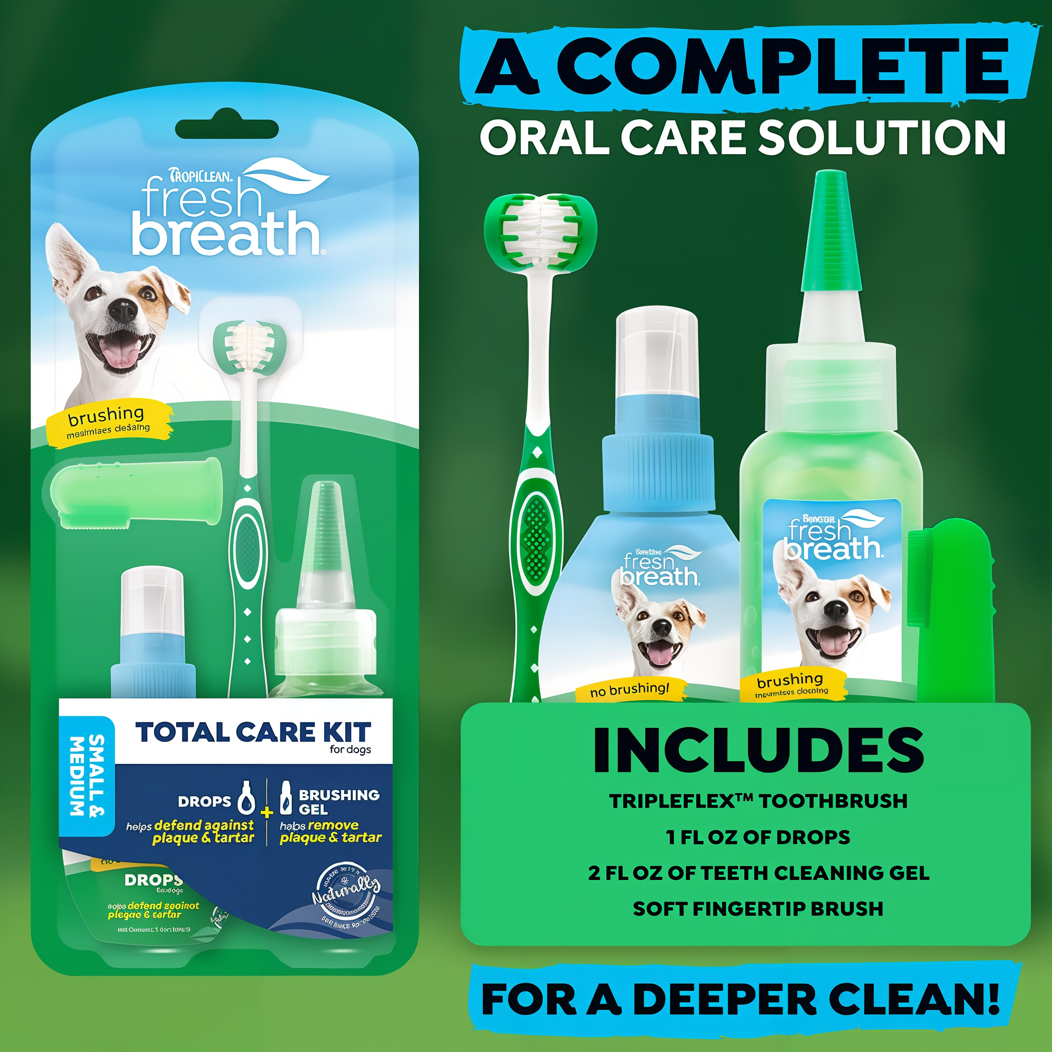 A complete oral care solution including TripleFlex toothbrush, drops, teeth cleaning gel, and soft fingertip brush