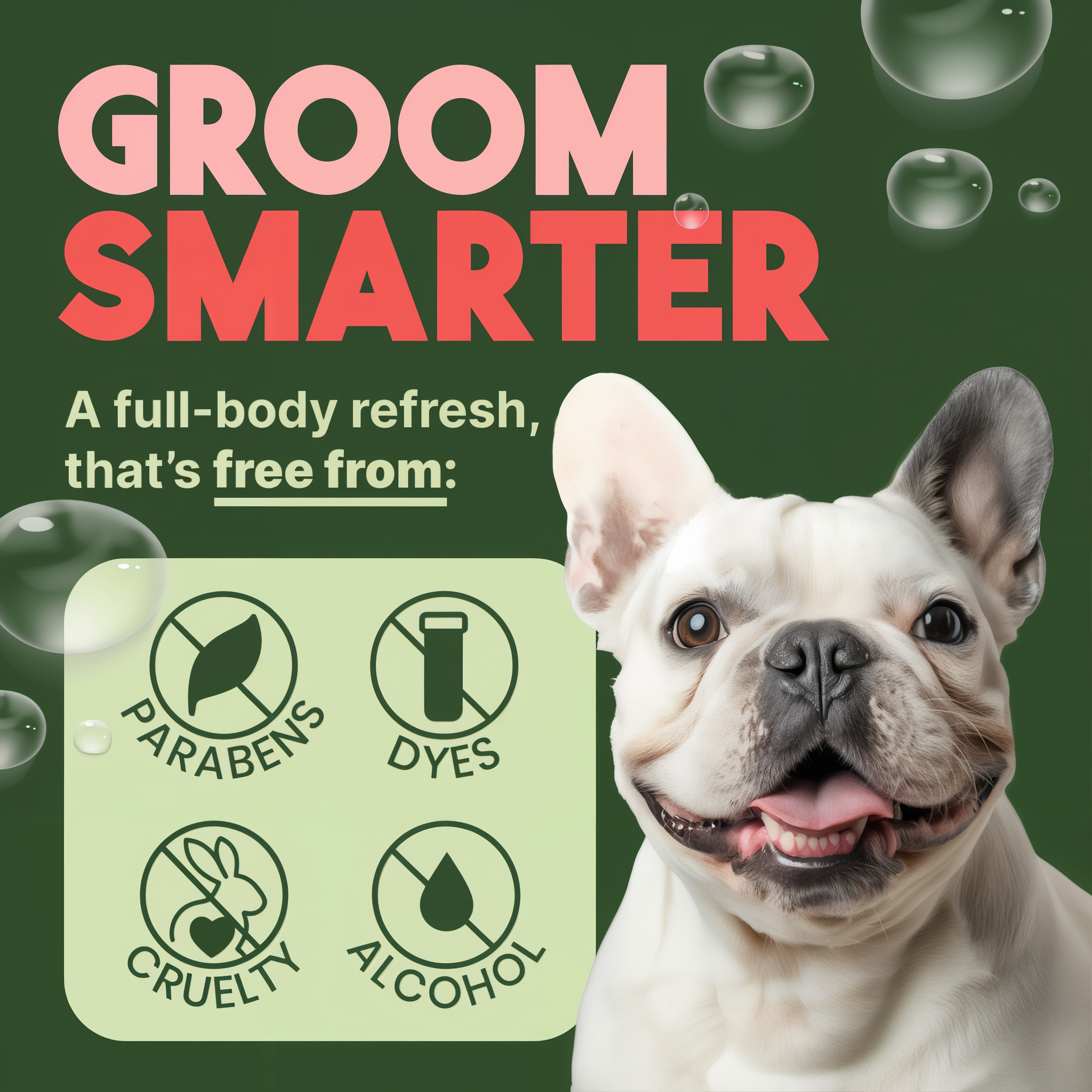 TropiClean Watermelon Deodorizing Spray for dogs & cats. Image of Dog with 'Groom Smarter' text and product features on a green background