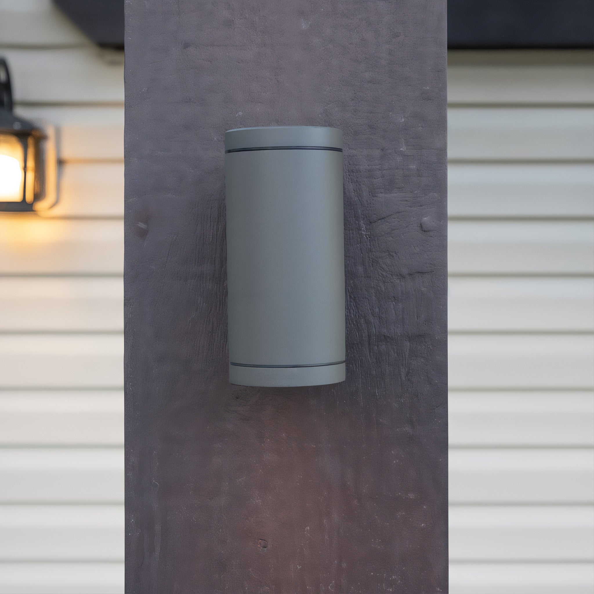Tru-Scapes Dual Lamp Sconce Light TSS-AS201 — installed structure light, dusk view