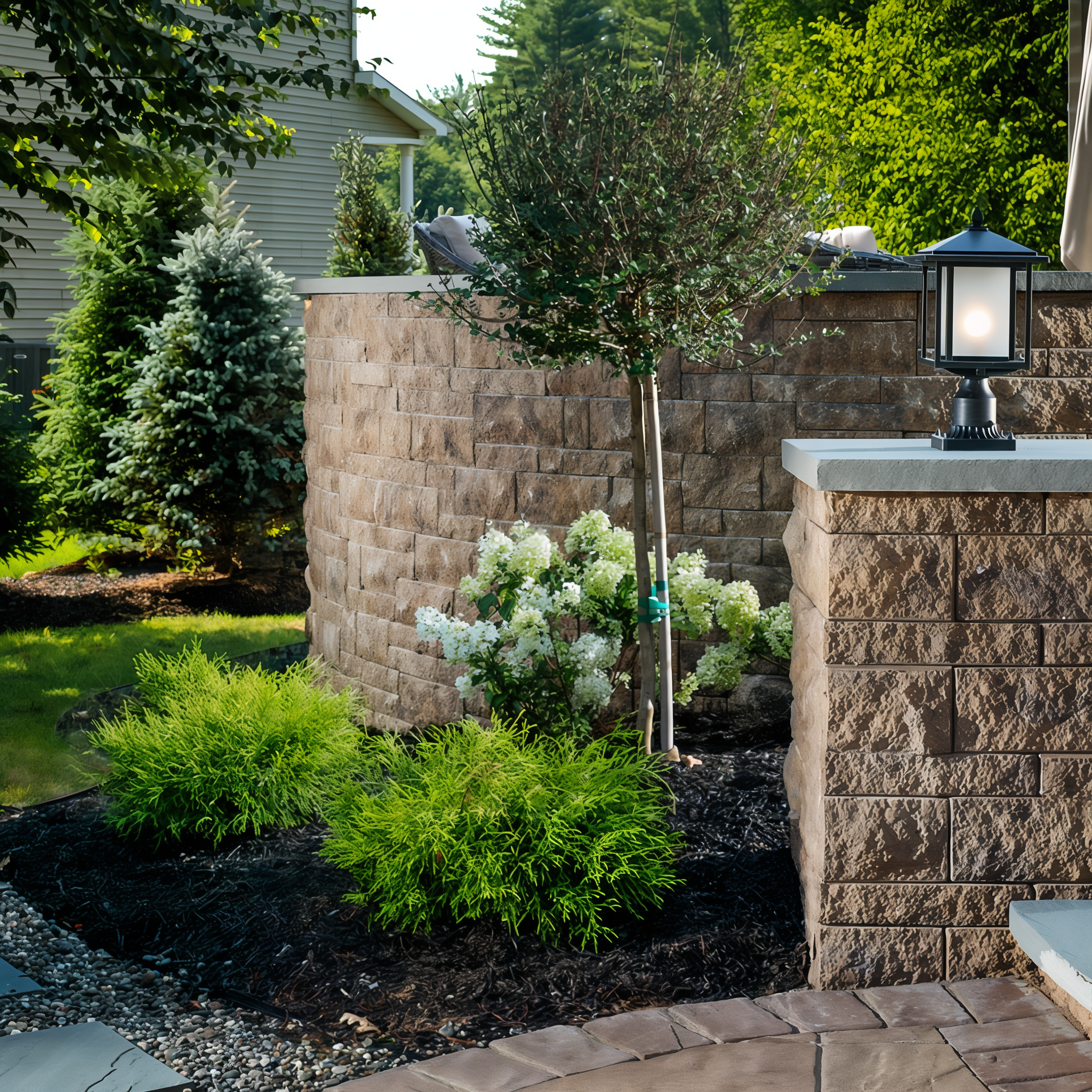 Tru-Scapes Modern Pillar Light TS-PL101 — daytime atop wall column beside landscaped beds