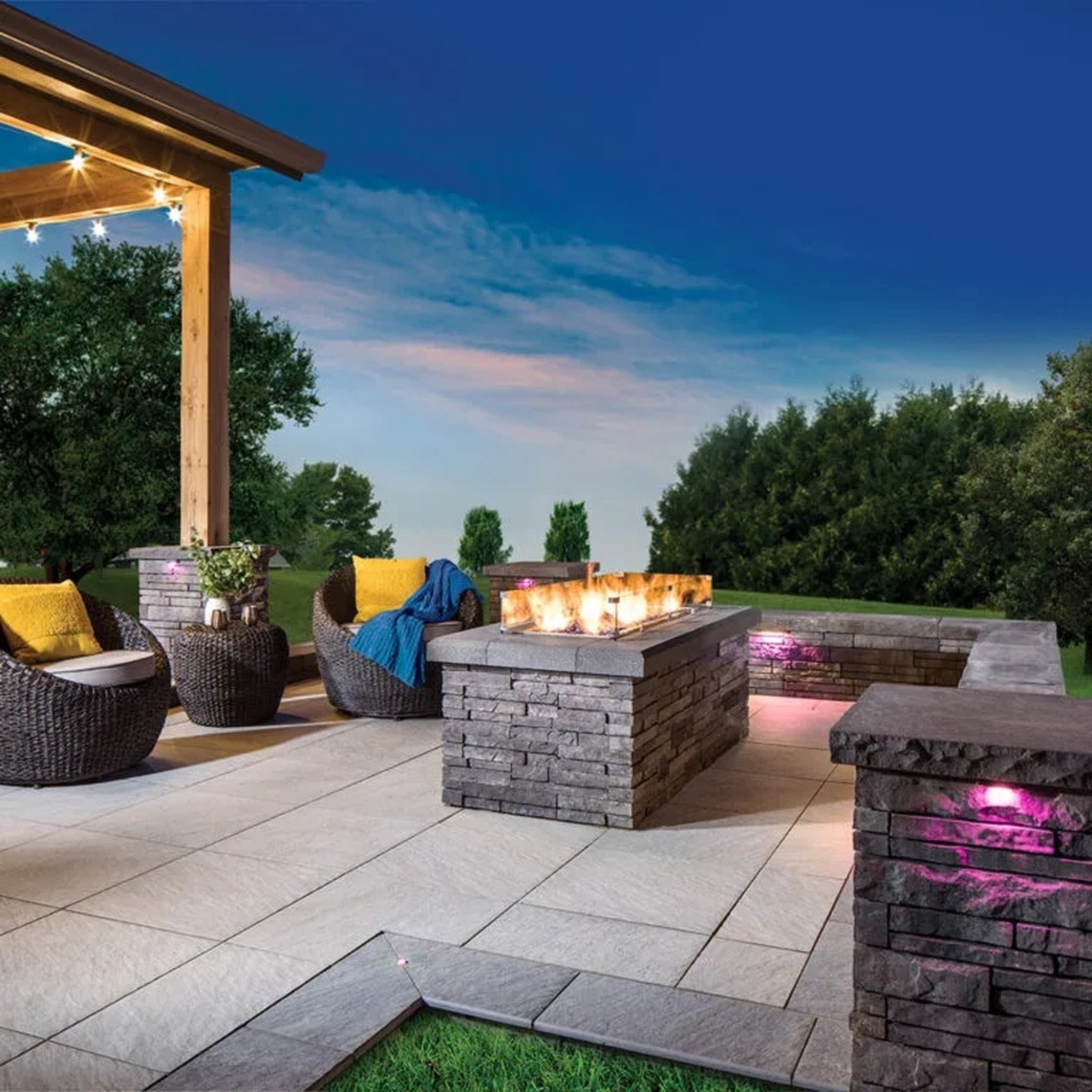 Tru-Scapes Modern Color Changing 2.5" Dot Light installed in paver patio at dusk #Stainless Steel#Tunable#2 1/2"