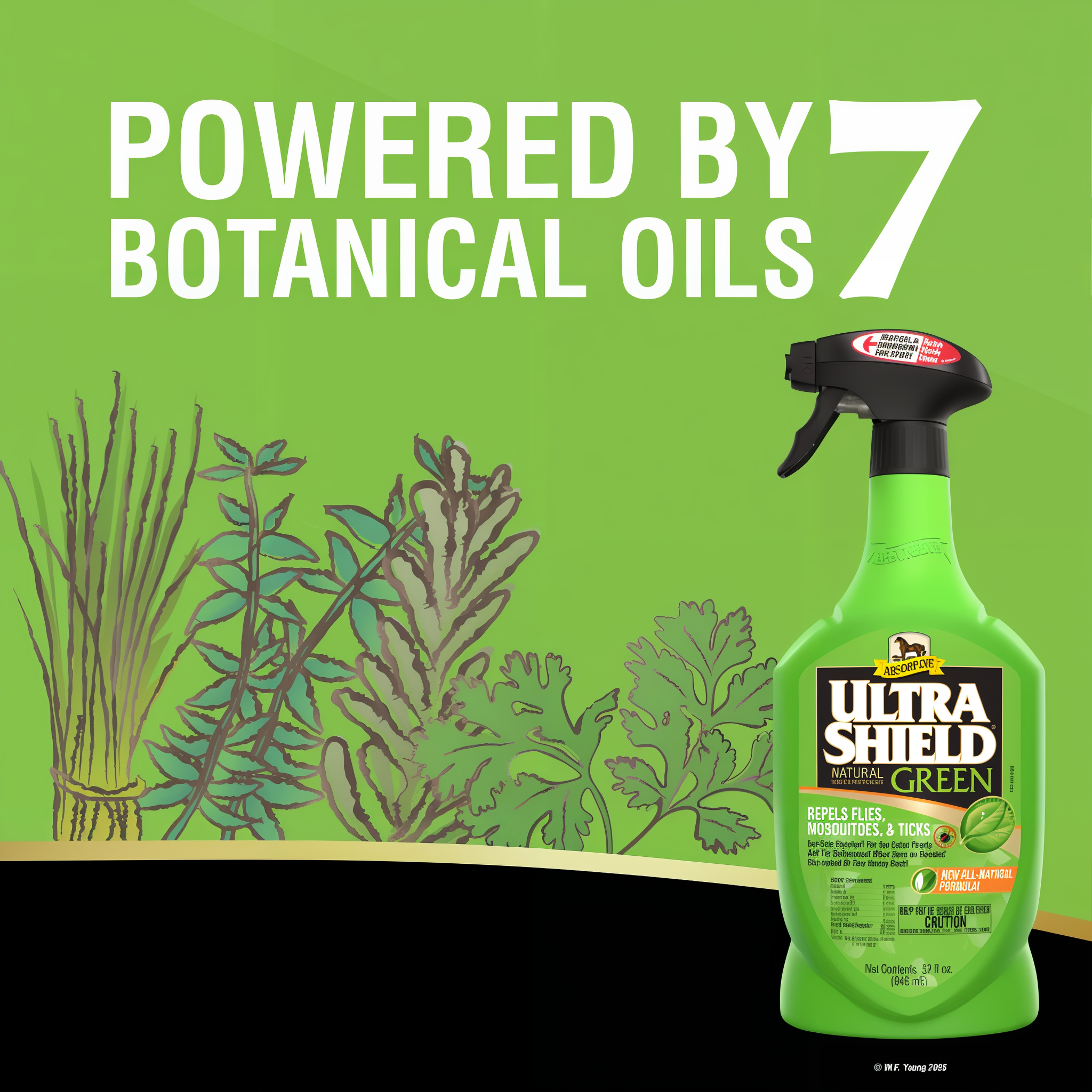 UltraShield Green natural fly repellent, powered by 7 botanical oils