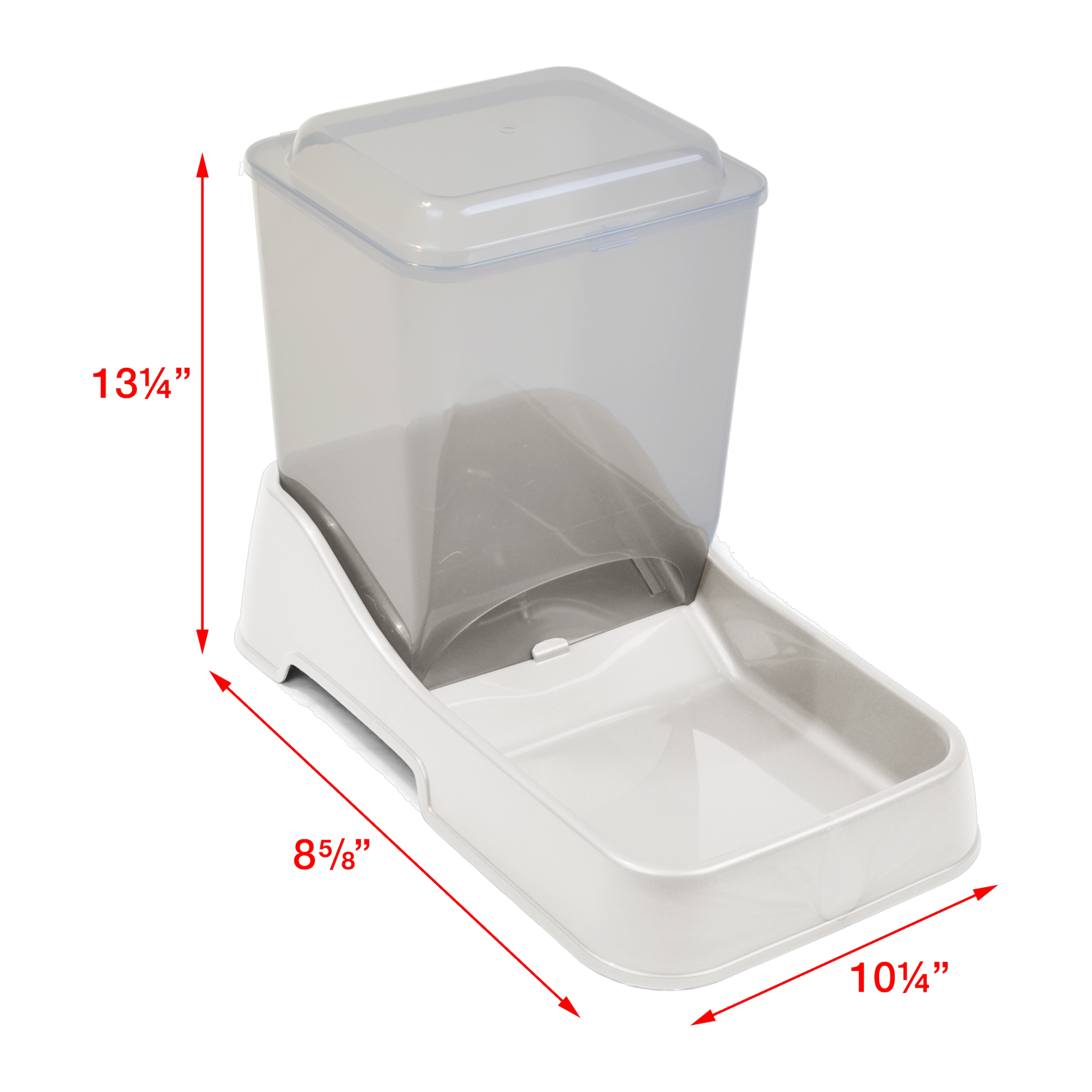 Van Ness Auto Feeder Large 10 lb dimensions, 13.25 in high by 10.25 in deep by 8.63 in wide
