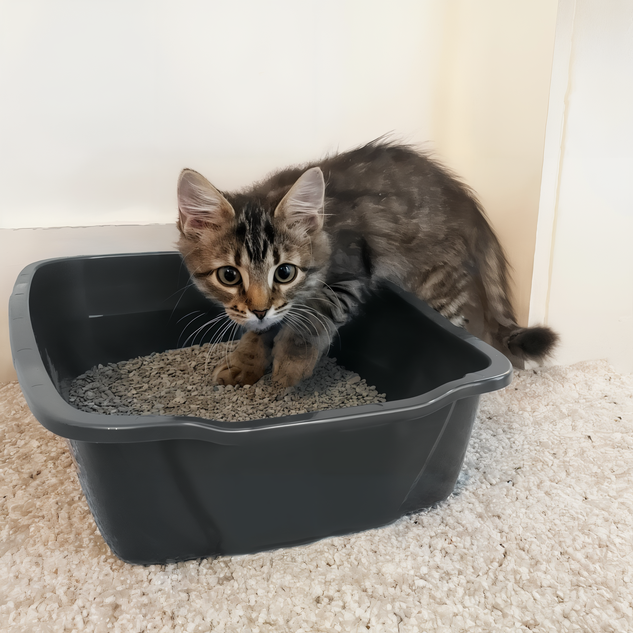 Kitten stepping into the Van Ness Cat Litter Pan Small