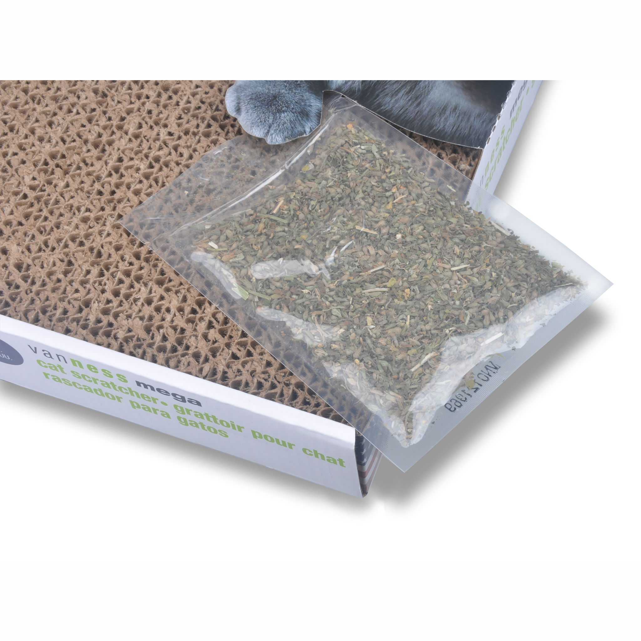 Van Ness Cat Scratch Pad Double-Wide with the included Fresh-Nip catnip pouch, detail