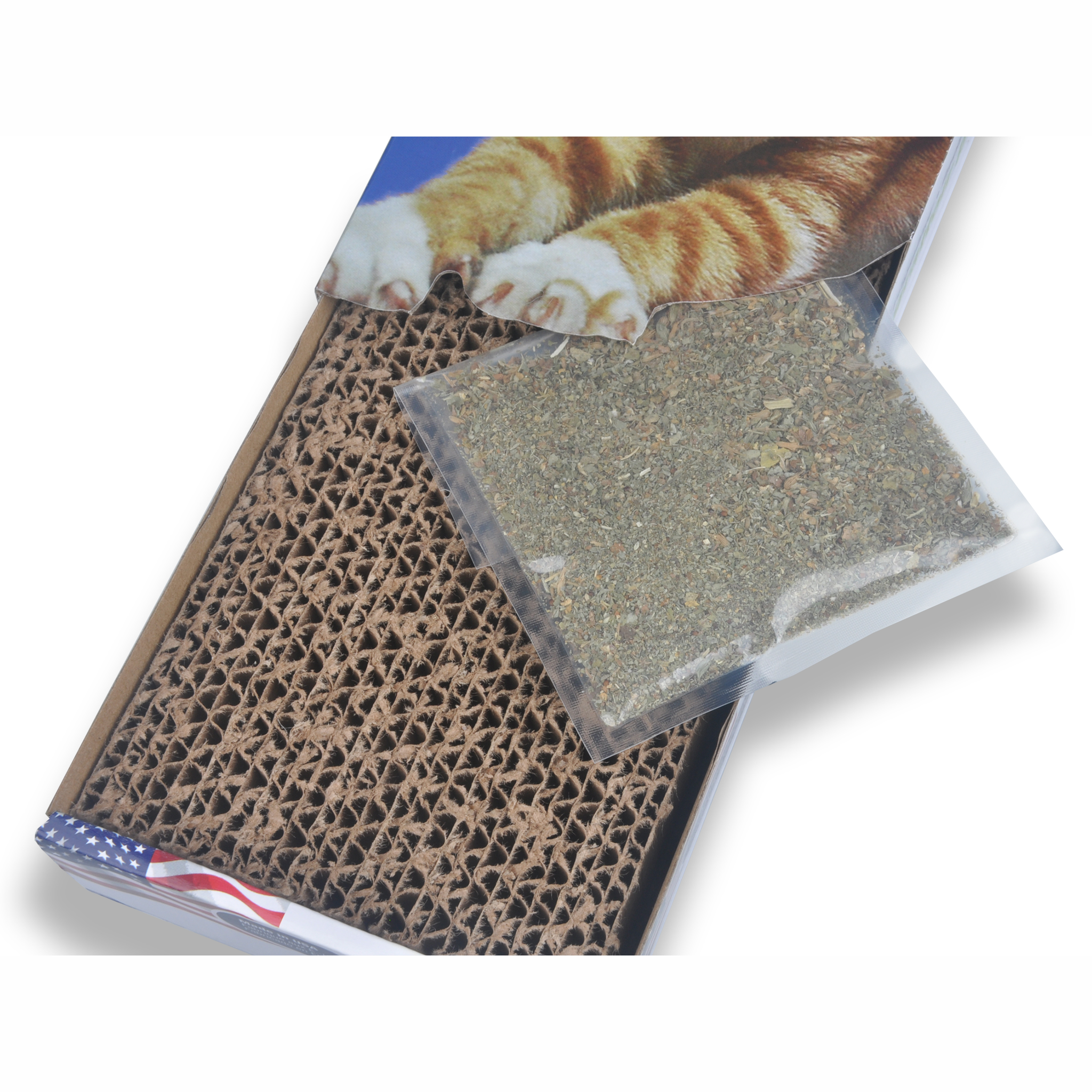 Van Ness Cat Scratch Pad Single with the included Fresh-Nip catnip pouch, detail